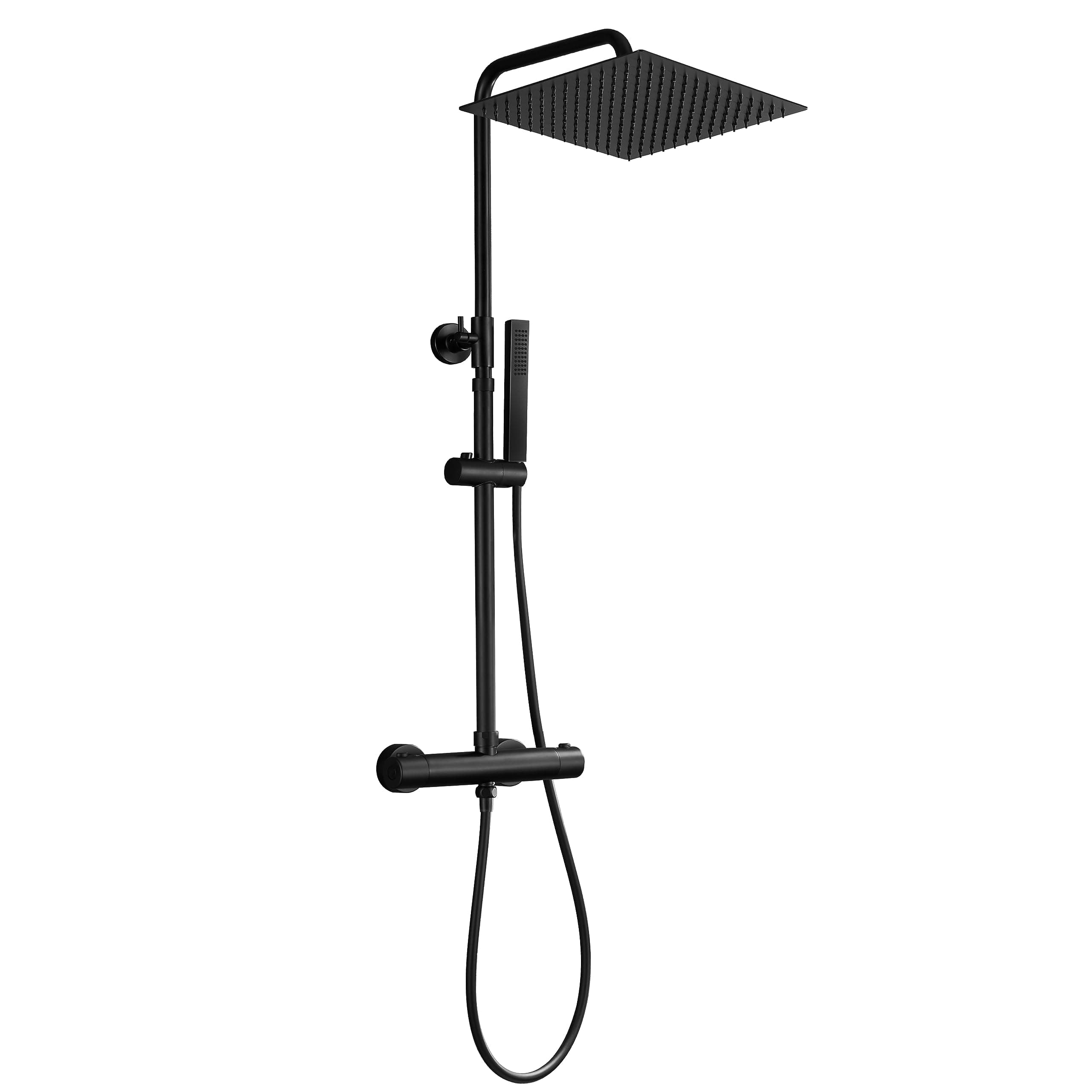 JOHO Columna de Ducha Acero Inoxidable con Grifo Thermostato, Set Ducha con Barra Altura Adjustable con Ducha Mano Alcachofa y Cabezal Rociador Lluvia 30x30cm, Negro