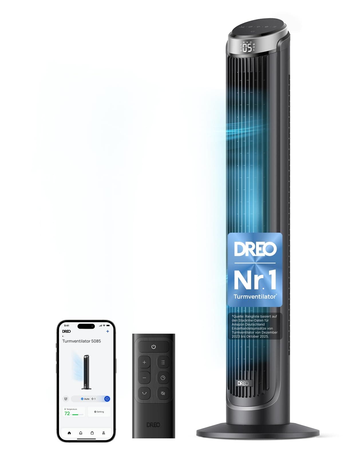 DREO Smart Turmventilator Sehr Leise, 90° Oszillierend Standventilator für Schlafzimmer, 7.9 m/s Windstärke, 5 Stufen, 4 Modi, Touch/Fernbedienung/App & Sprachsteuerung, Alexa, 12H Timer, Silber