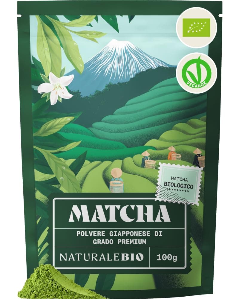 NaturaleBio Tè Verde Matcha Biologico in Polvere 100g. Grado Premium. The Matcha Prodotto in Giappone. Ideale da Bere, per i Dolci, Frullati, Tè freddo, nel Latte e come ingrediente