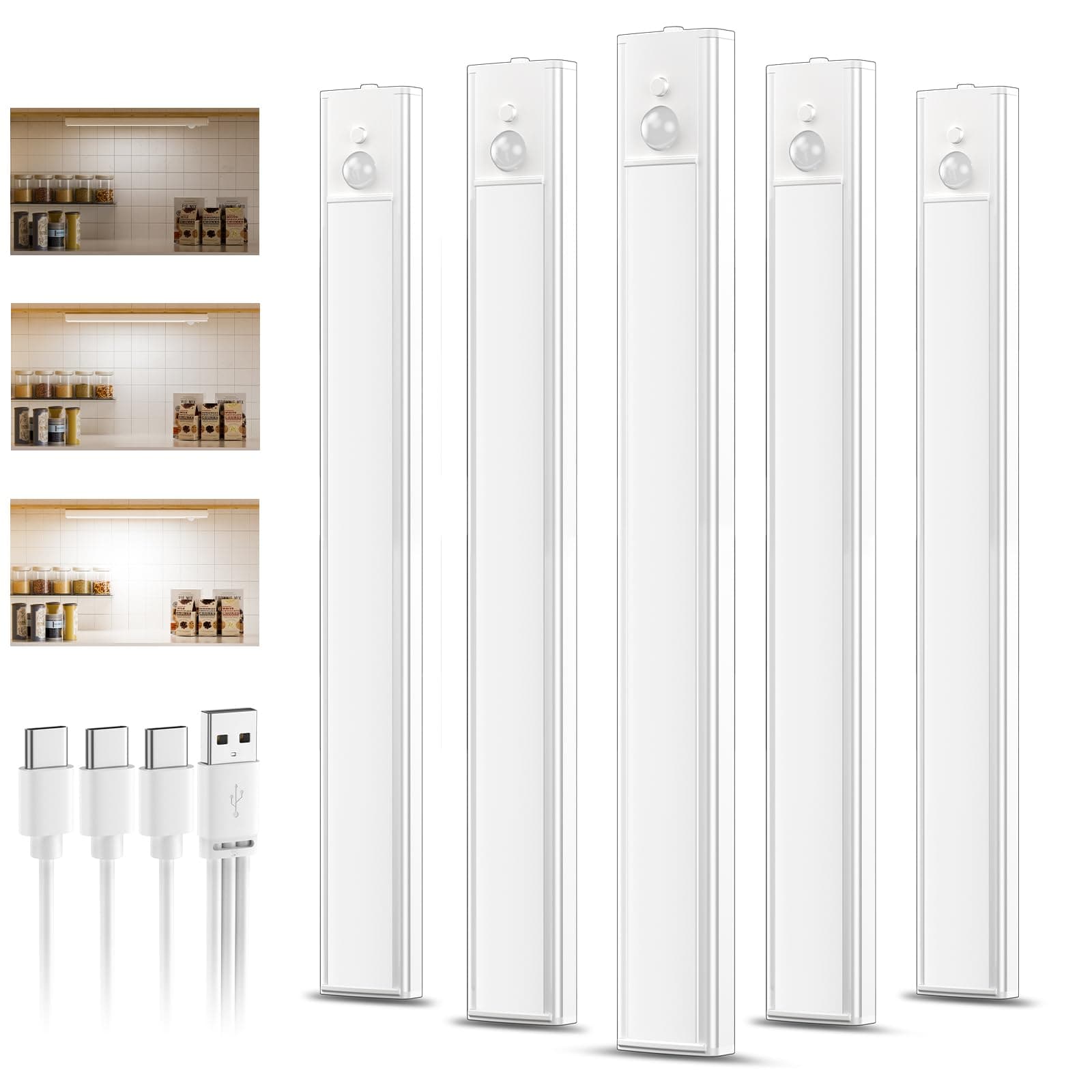 daphomeu 5 Pack 30CM Luces led Cocina Recargables, Luz Armario Sensor Movimiento Atenuable tipo C carga, Blanco frío Luz Sensor Movimiento Interior, Lampara Led para estantería, armario de escaleras