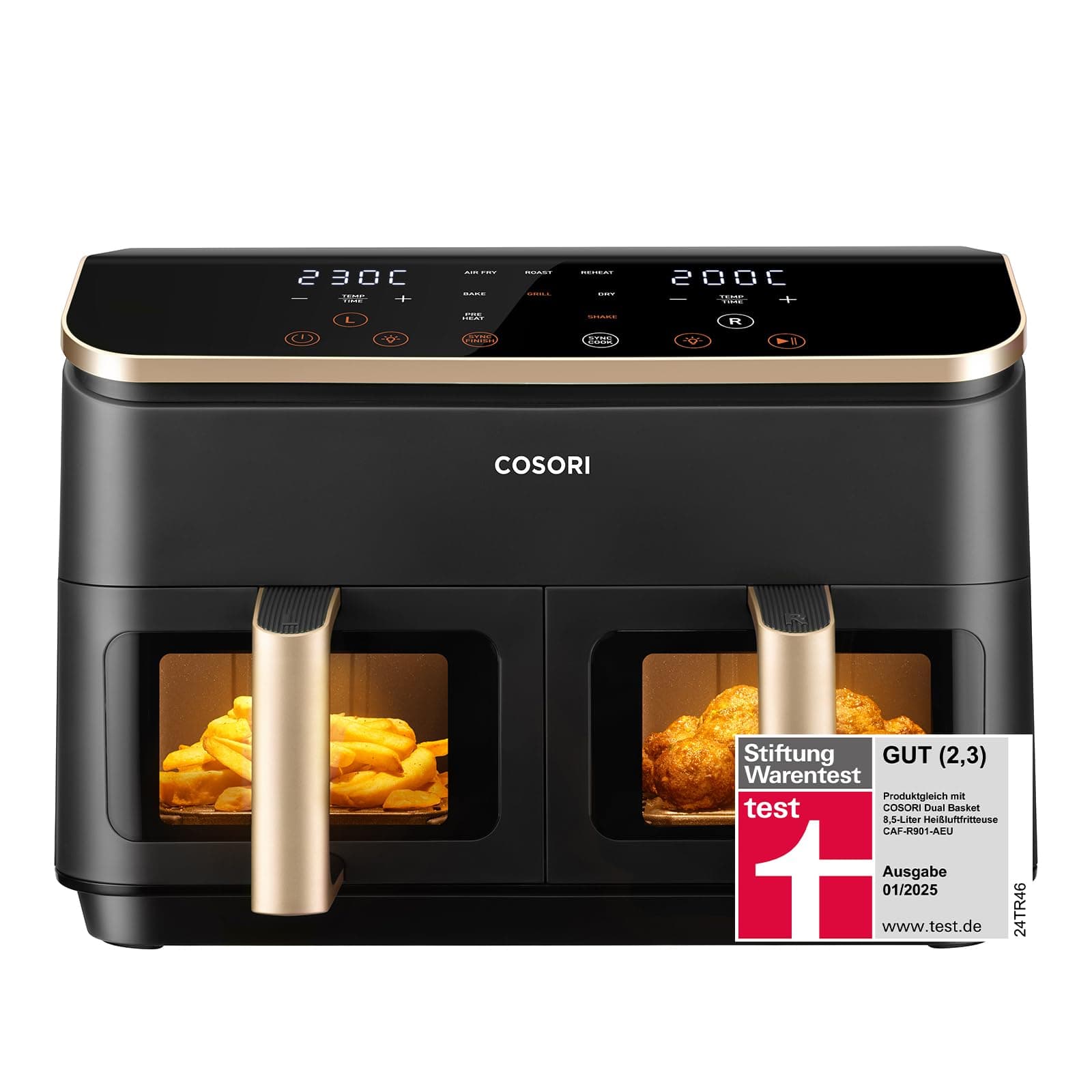 Cosori Airfryer, Testsieger Stiftung Warentest, Heißluftfritteuse 2 Kammern | 1750W Low-Watt-Tech, NTC-Tech, Intelligente MCU-Steuerung, Geruchstrennung