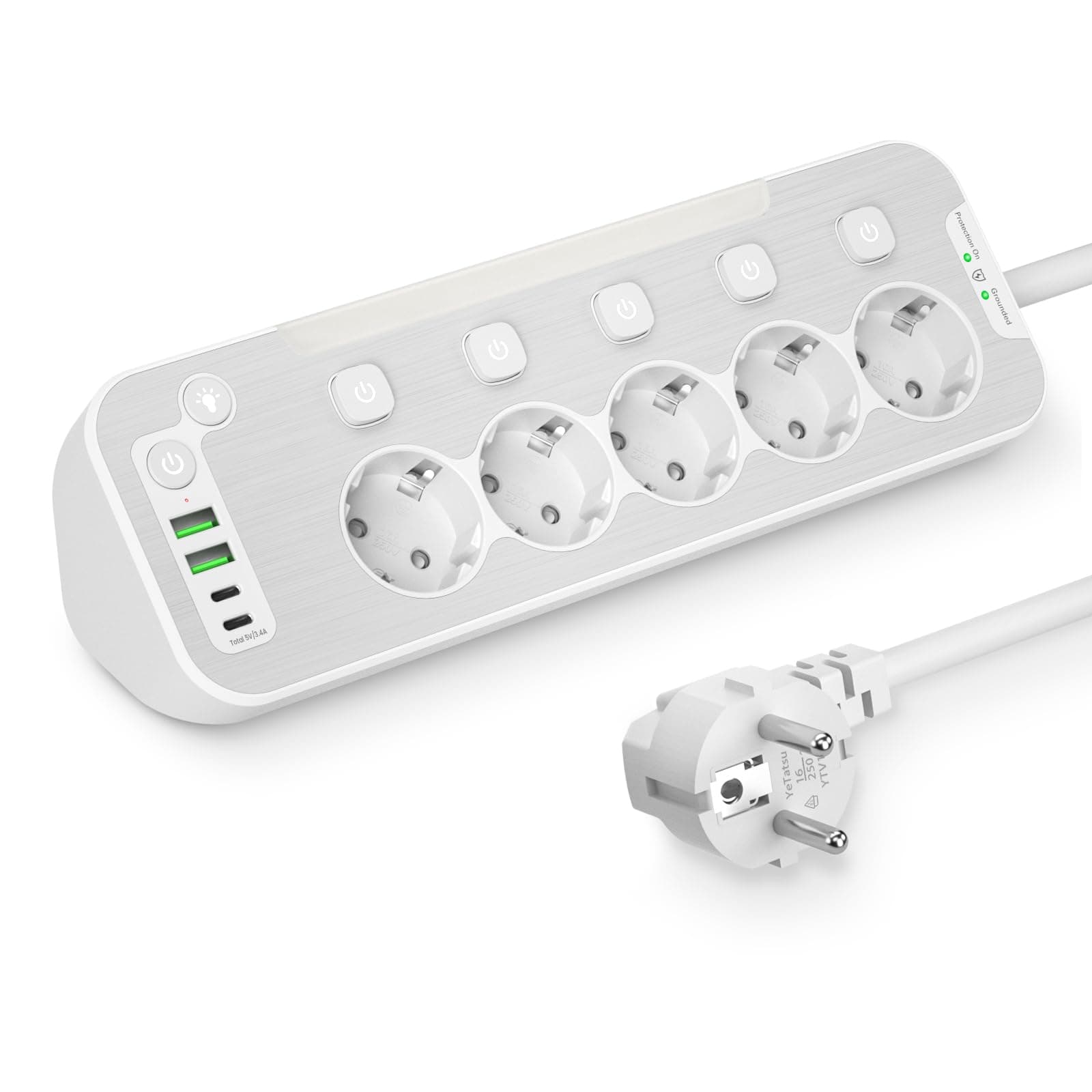 Regleta Enchufes Proteccion Sobretension,Regleta Escritorio 5 Tomas,Enchufe Multiple de Esquina Panel Frontal de Metal,Ladron con interruptores Individuales,Encimera Cocina Alargador 2M Cable,Blanco
