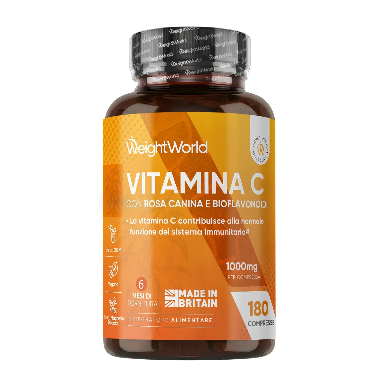 Vitamina C 1000mg e Rosa Canina, 180 Compresse Vegane, 1 al Giorno, 6 Mesi | Integratore Vitamina C (Acido Ascorbico) con Rosa Canina e Bioflavonoidi, Senza Magnesio Stearato, Privo di Glutine e OGM