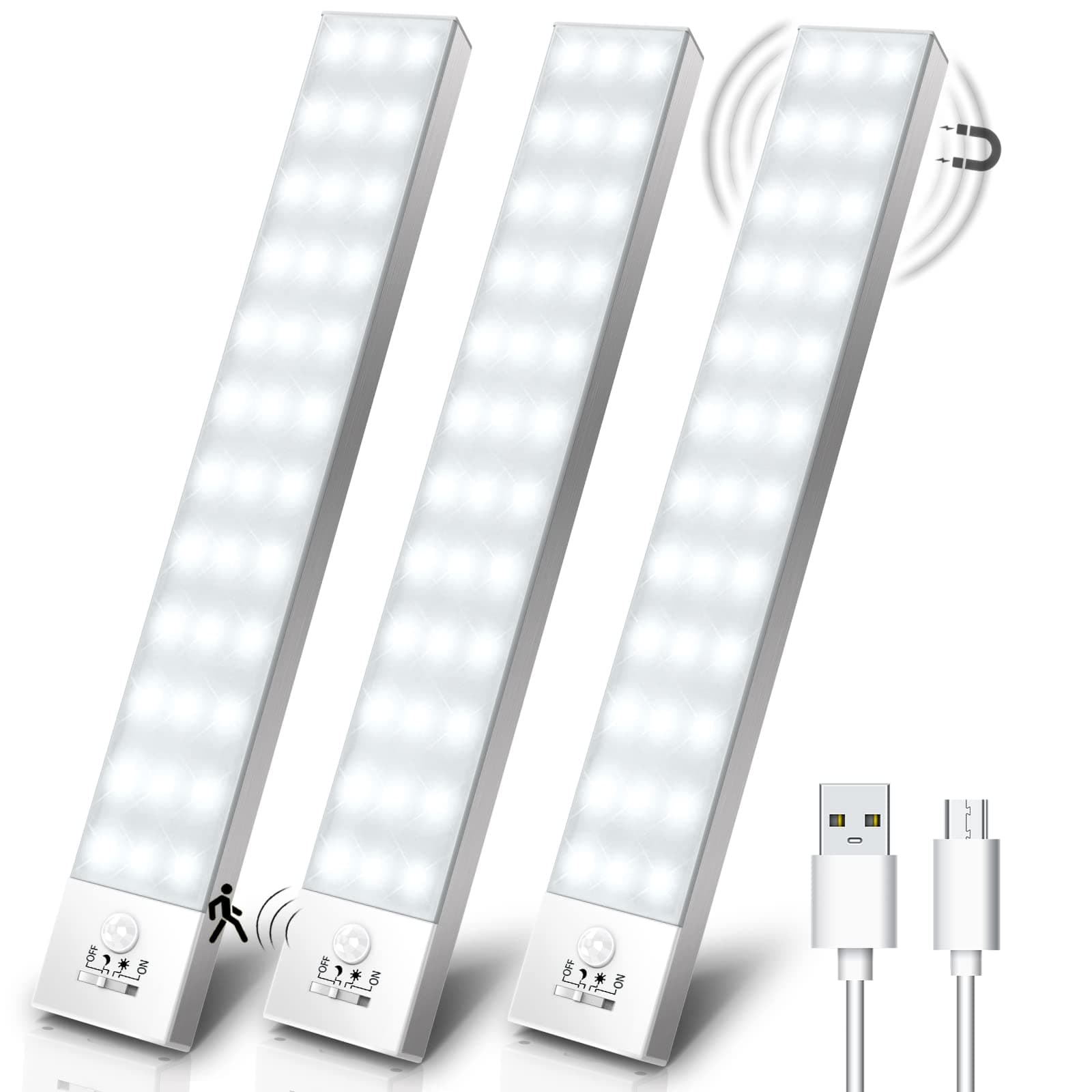 OUILA Led Armadio Luce con sensore di movimento 5000K, Luce Bianca 4 Modalità Sottopensile Luce Notturna USB Ricaricabile, Striscia Led per Cucina,Corridoio-23cm*3 Pezzi
