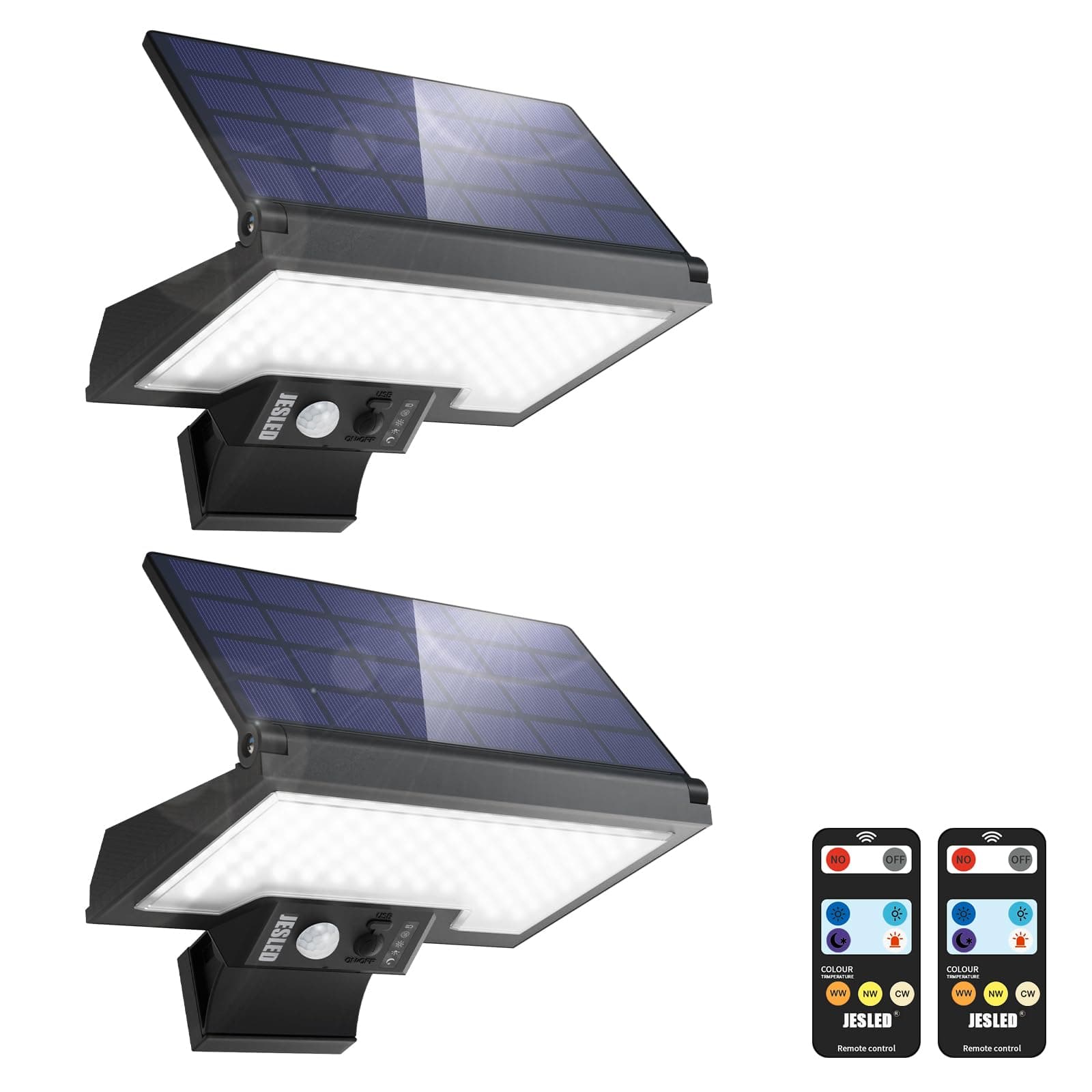 JESLED Lámpara Solar Exterior con Sensor de Movimiento 108 LEDs, 2600mAhTipo-C, 4 Modos 3 Colores IP65 Impermeable Ángulo Ajustable para Jardín Pared Garaje. Pack de 2