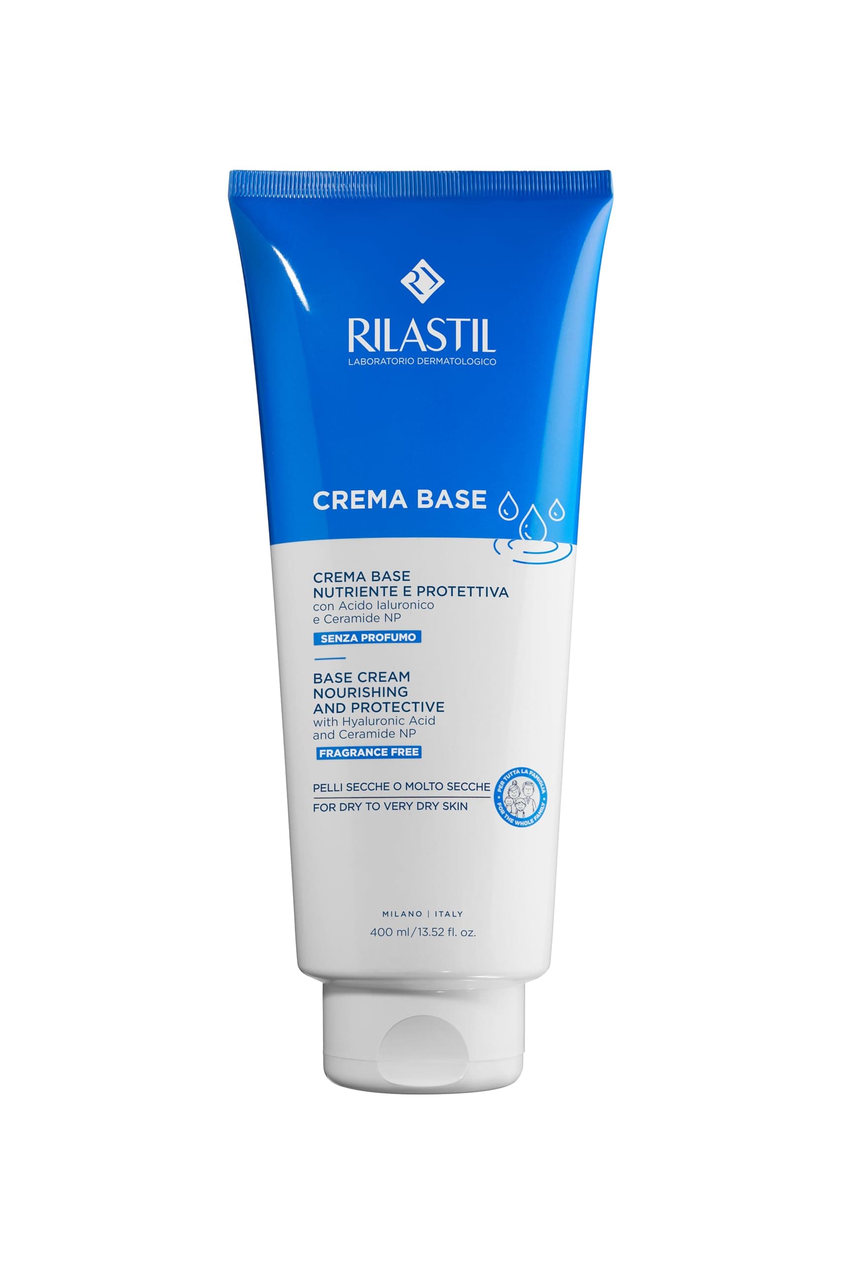 Rilastil Crema Base, Crema Idratante per Viso e Corpo, Senza Profumo, per Pelle Secca e Molto Secca, Adatta a Tutta la Famiglia, 400 ml