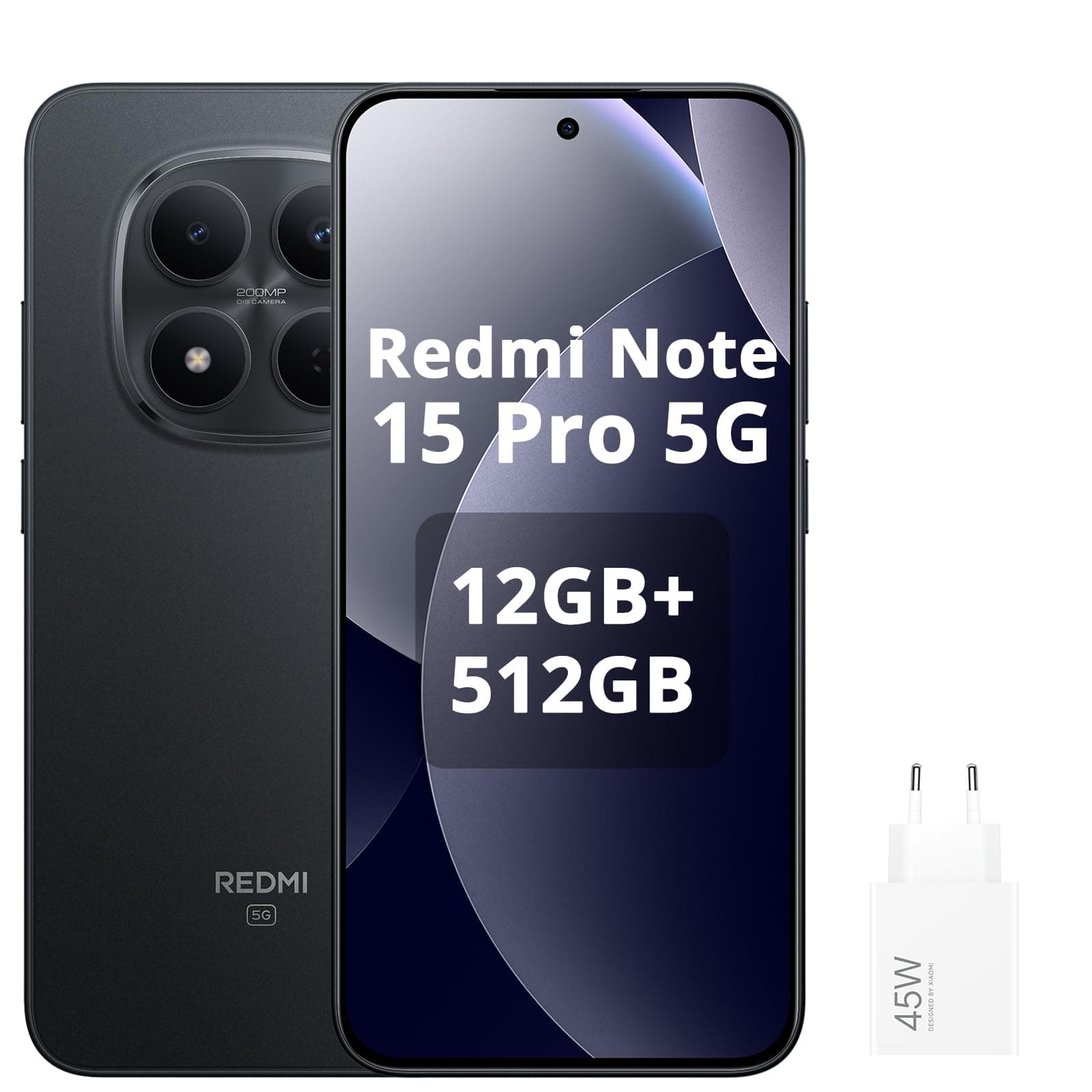 XIAOMI Smartphone Redmi Note 15 Pro 5G NFC, 12 + 512 GB, Negro, IP68, Pantalla AMOLED, Android 15, cámara 200 MP, 120 Hz, batería 6580 mAh, Carga rápida 45 W, con Cargador