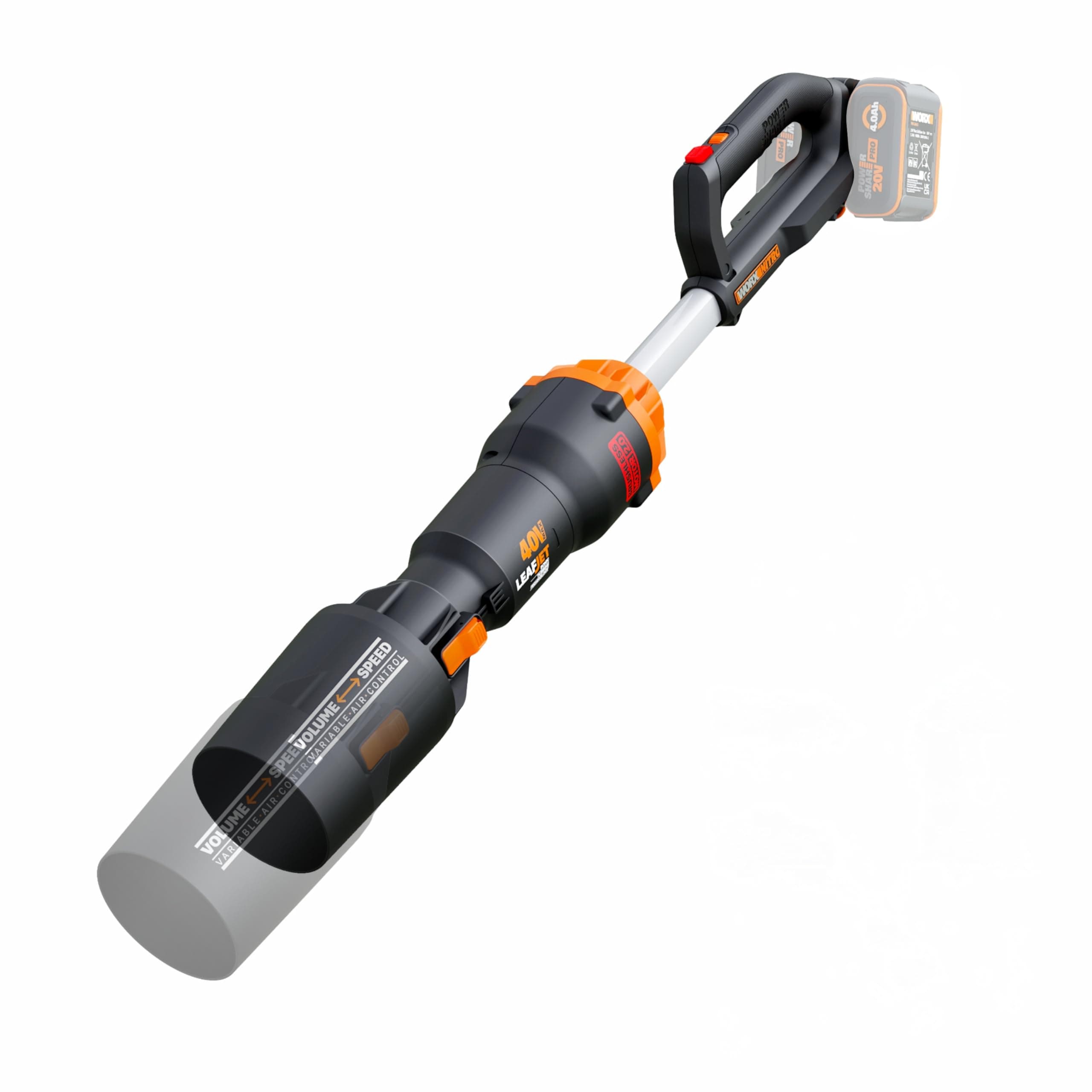 WORX Souffleur BRUSHLESS sans Fil 40V WG585E.9, Vitesse de soufflerie 266km/h, 2 Modes de Vitesses Variable, Turbine Technologies supersonique, livré sans Batterie ni Chargeur