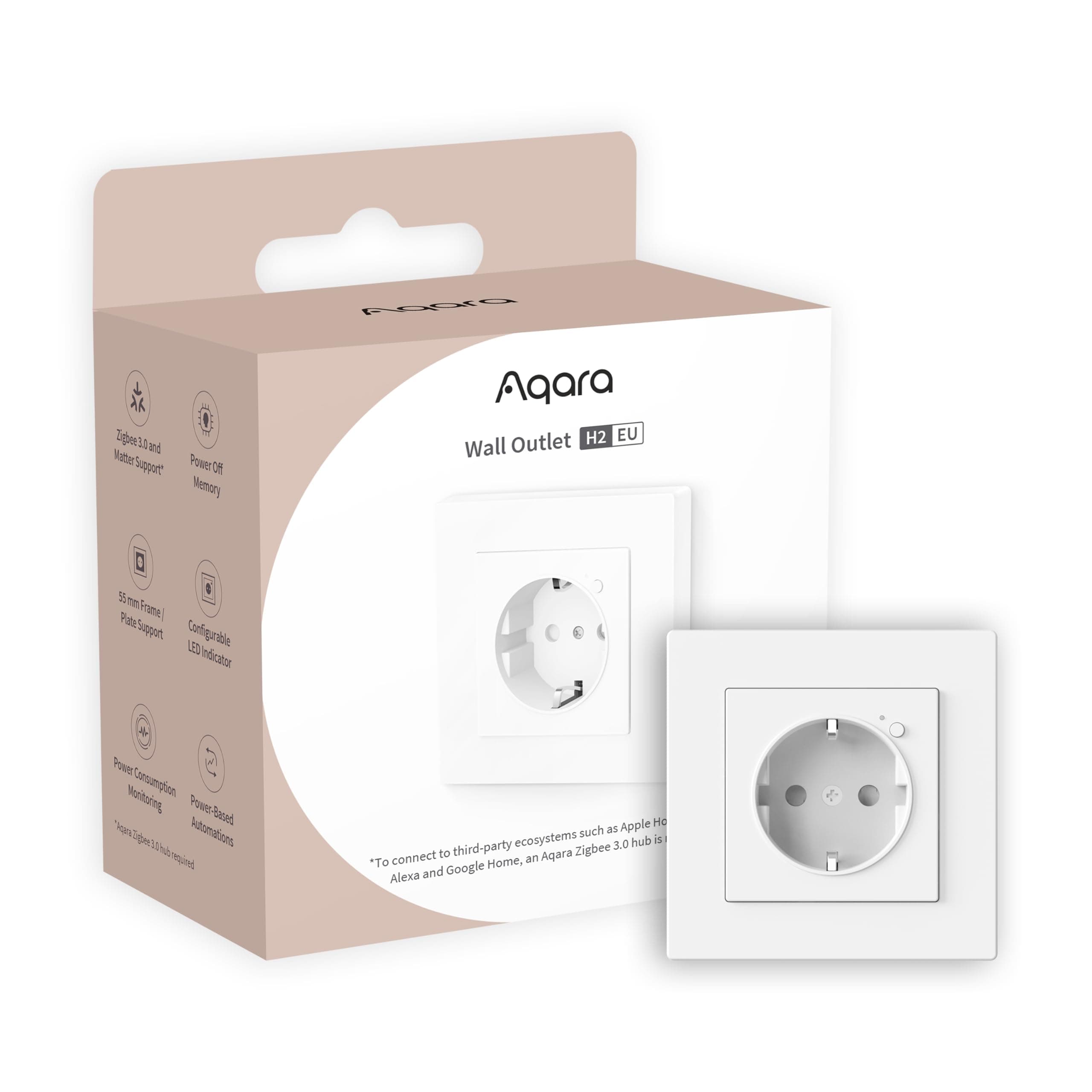 Aqara Prise Murale H2 EU avec Matter, HUB Zigbee 3.0 requis, 16A, Surveillance de l'énergie, Programmation, Mode Minuterie et Commande Vocale, Compatible avec HomeKit, Alexa, Google Home et IFTTT