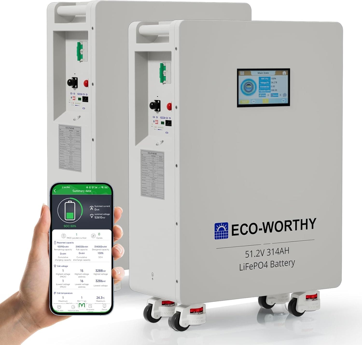ECO-WORTHY Bateria Lifepo4 48V 314Ah*2, 32,2 kWh, memoria de corriente y disyuntores, PACE BMS 200A RS485/CAN/RS232 con Bluetooth WLAN para suministro de energía de emergencia en casa, sistemas