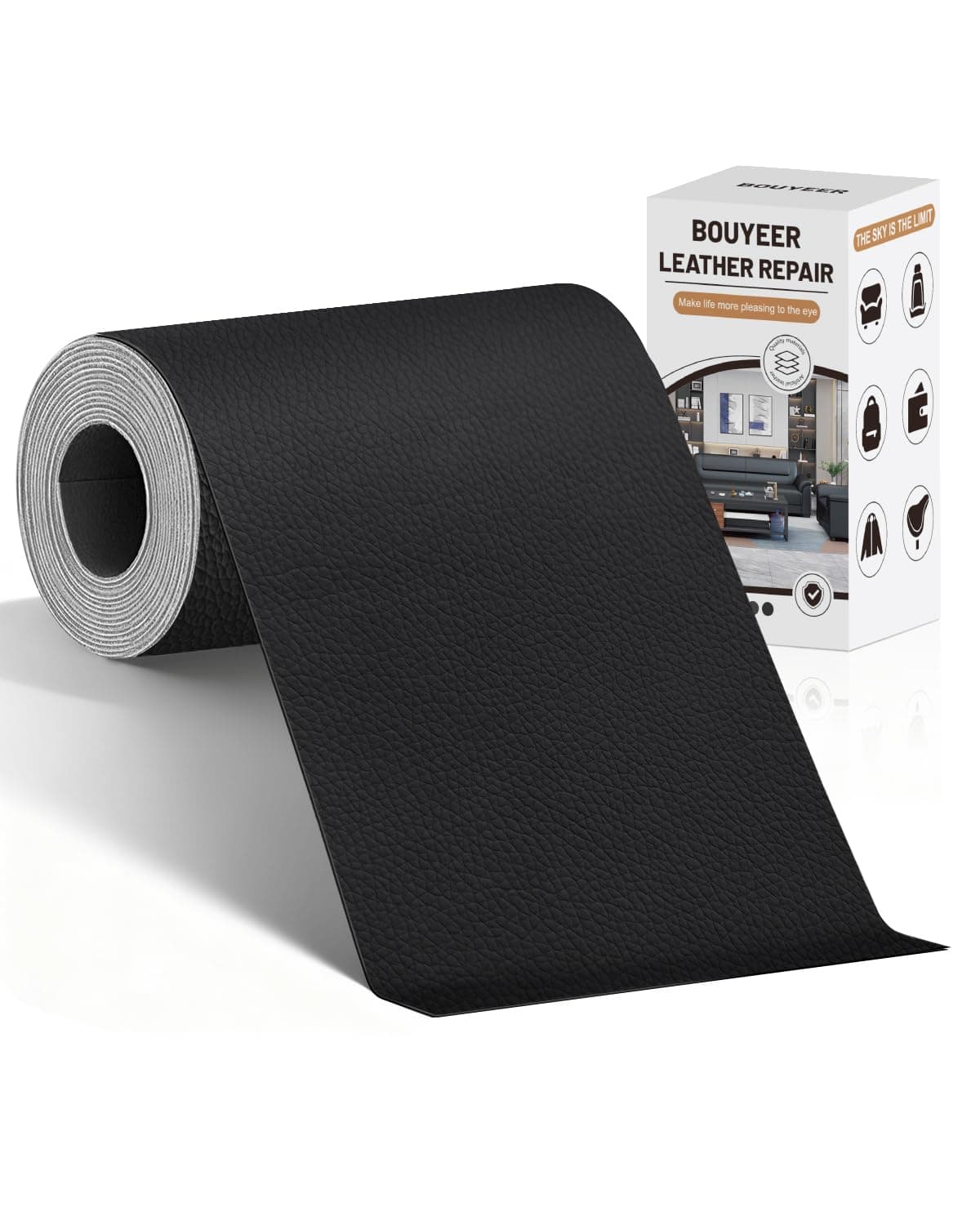 BOUYEER Pelle Adesiva per Riparazioni, 10x210 CM ecopelle toppe adesive per tessuti, Set Riparazione Ecologico & Senza Odori per Mobili/Divano/Sedili Auto/Borse/Restauro, Nero