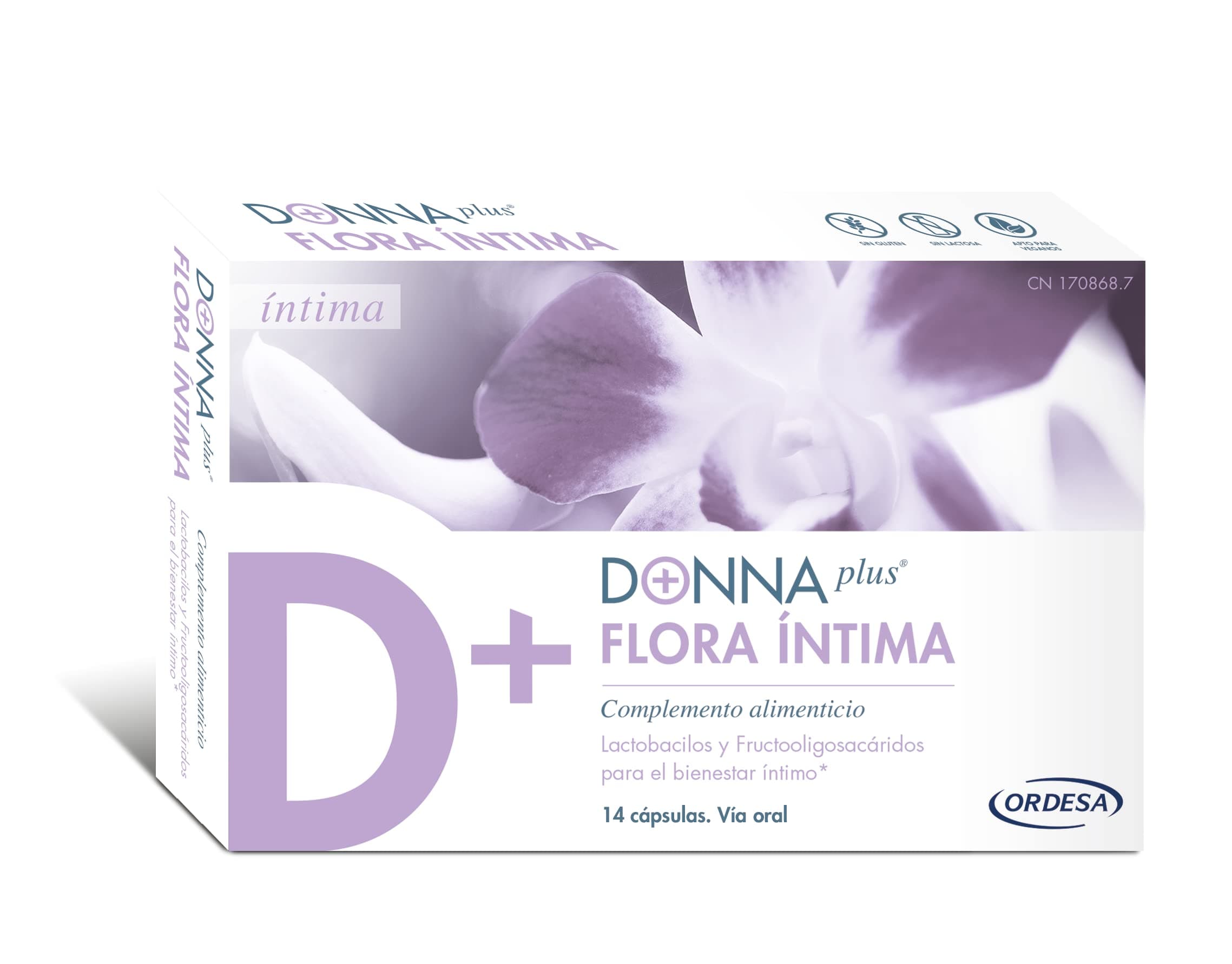DONNAplus Flora Íntima | Complemento Alimenticio para el Bienestar Íntimo con Lactobacillus y FOS | 14 Cápsulas