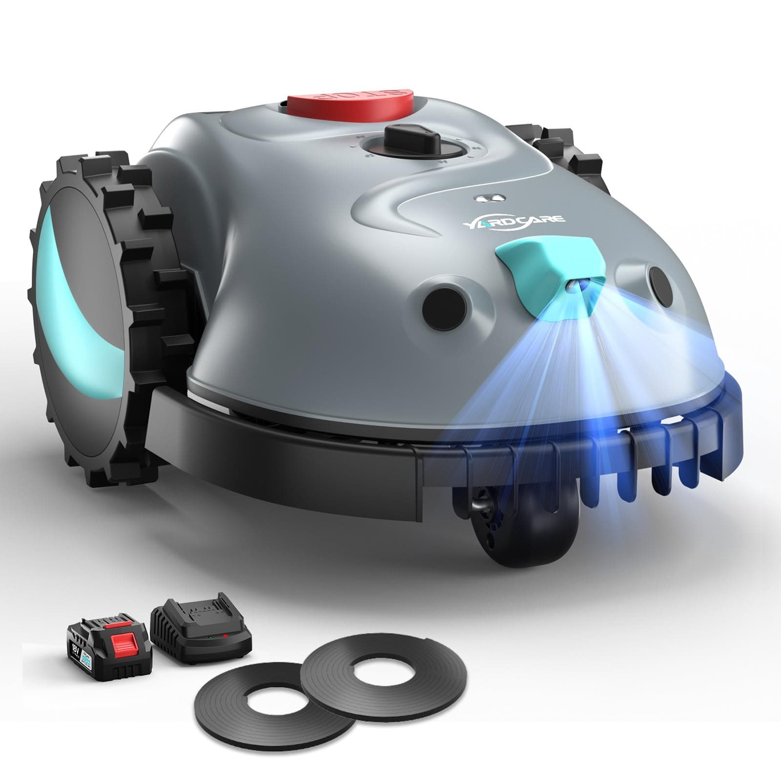YARDCARE V100 Robot Tondeuse sans Fil avec Navigation Visuelle, Détection d'obstacles 150, Robot Tondeuse Gazon avec Bande magnétique, Lames de Rechange, Coupe en Spirale & par Points