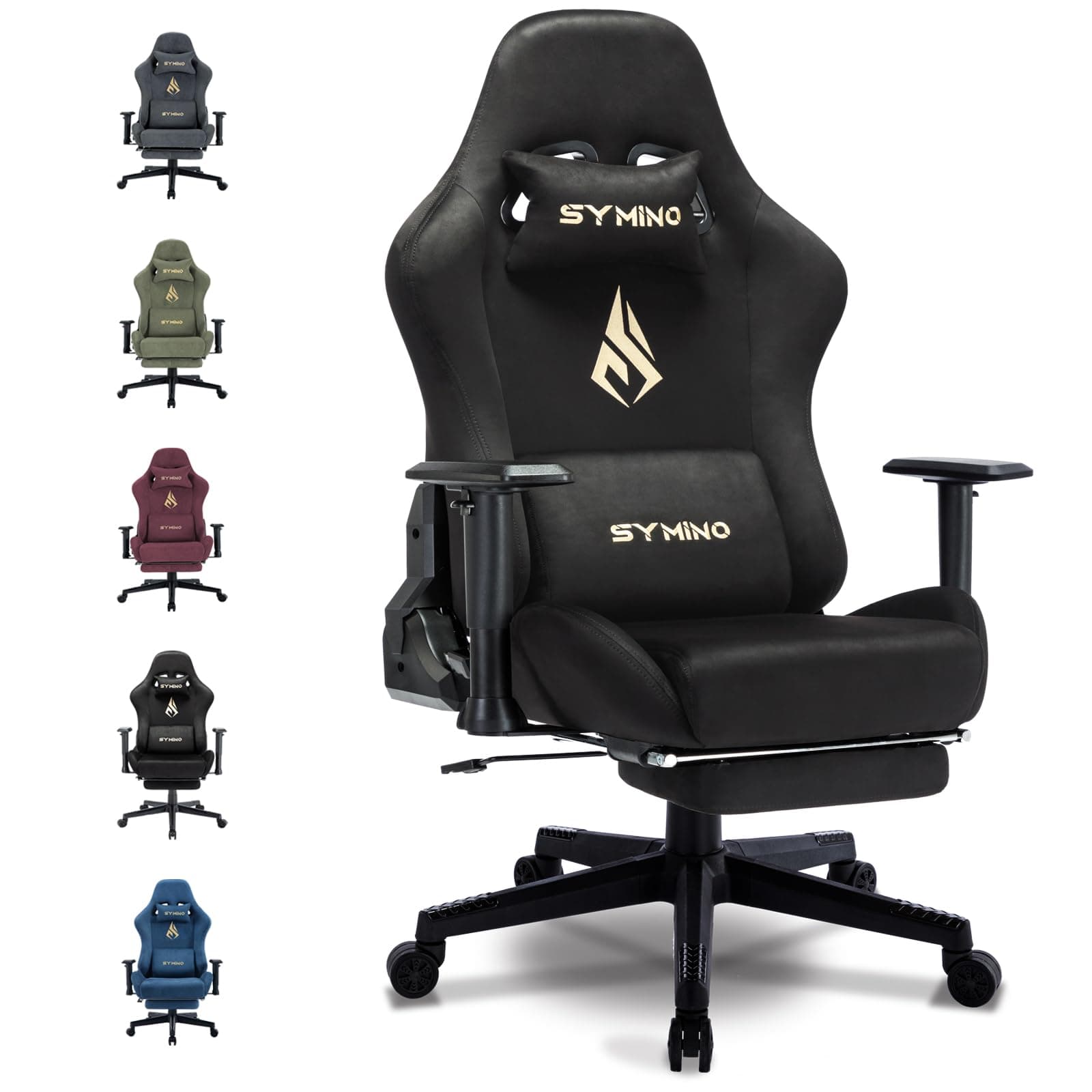 Symino Chaise Gaming Ergonomique et Fauteuil Gamer avec Repose-Pieds Télescopique Coussin à Ressorts, Support Lombaire et Hauteur Réglable 200kg (Faux Daim, Noir)