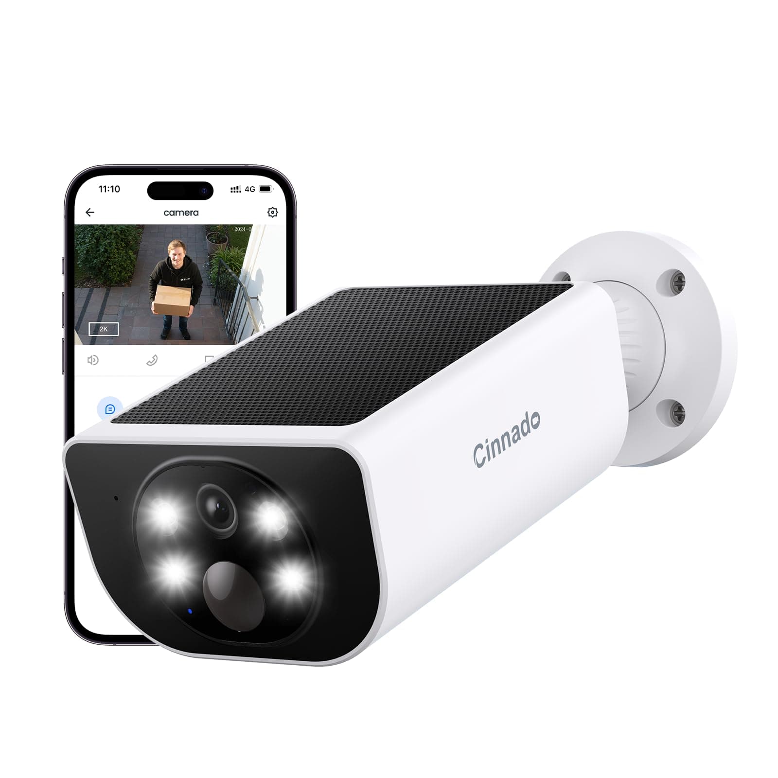 Cinnado 2K Camera Surveillance WiFi Exterieure sans Fil - Camera Exterieur sans Fil Solaire avec Panneau Solaire Intégré, 2.4GHz, Audio Bidirectionnel, Vision Nocturne Couleur, Alerte PIR, IP65