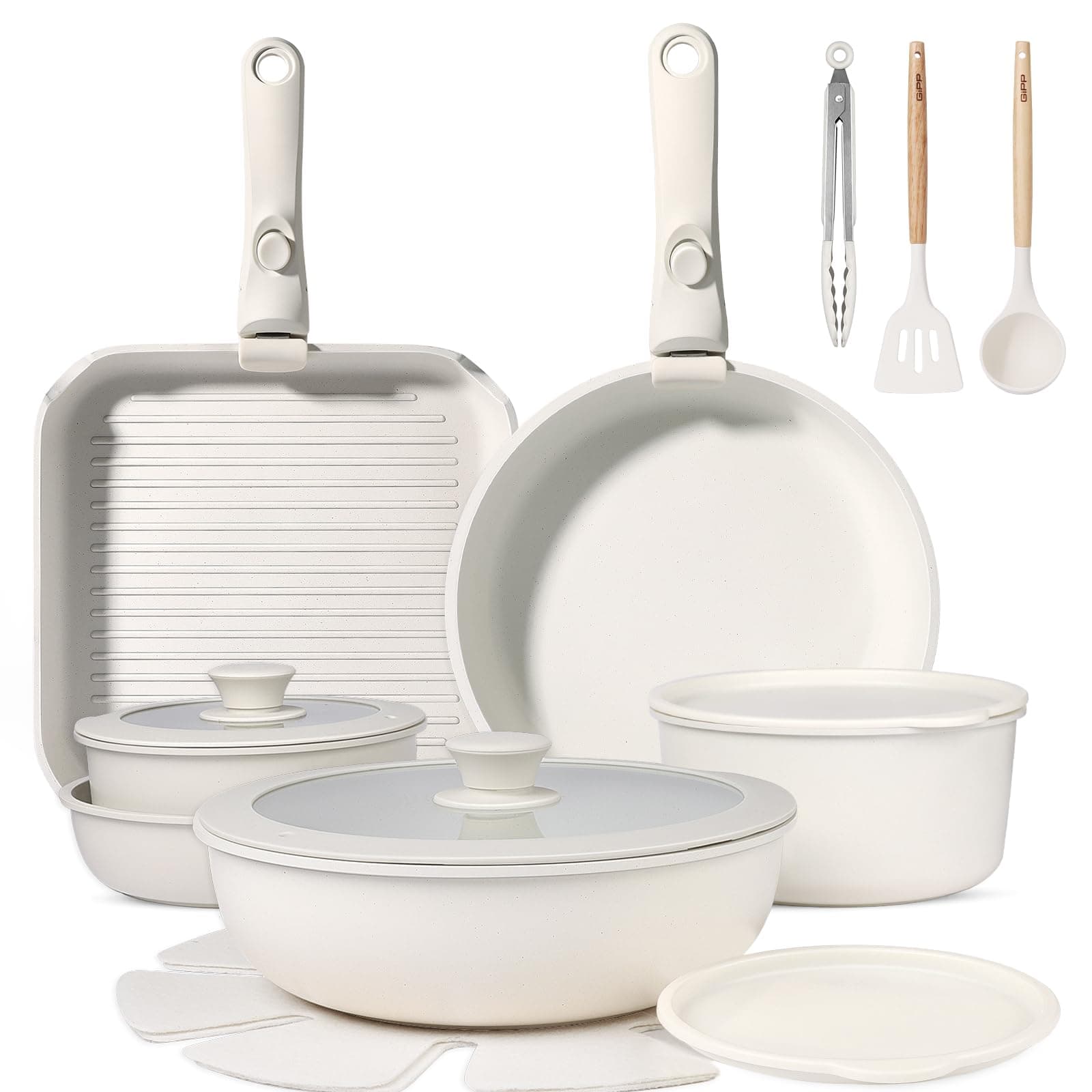 GiPP 19 Pezzi Set di Pentole Antiaderente Compatibile Induzionei, Bianco | Comprende padelle, pentole e wok, Manici Rimovibili, per Camper, Senza Tossine, Compatibile Forno/Lavastoviglie