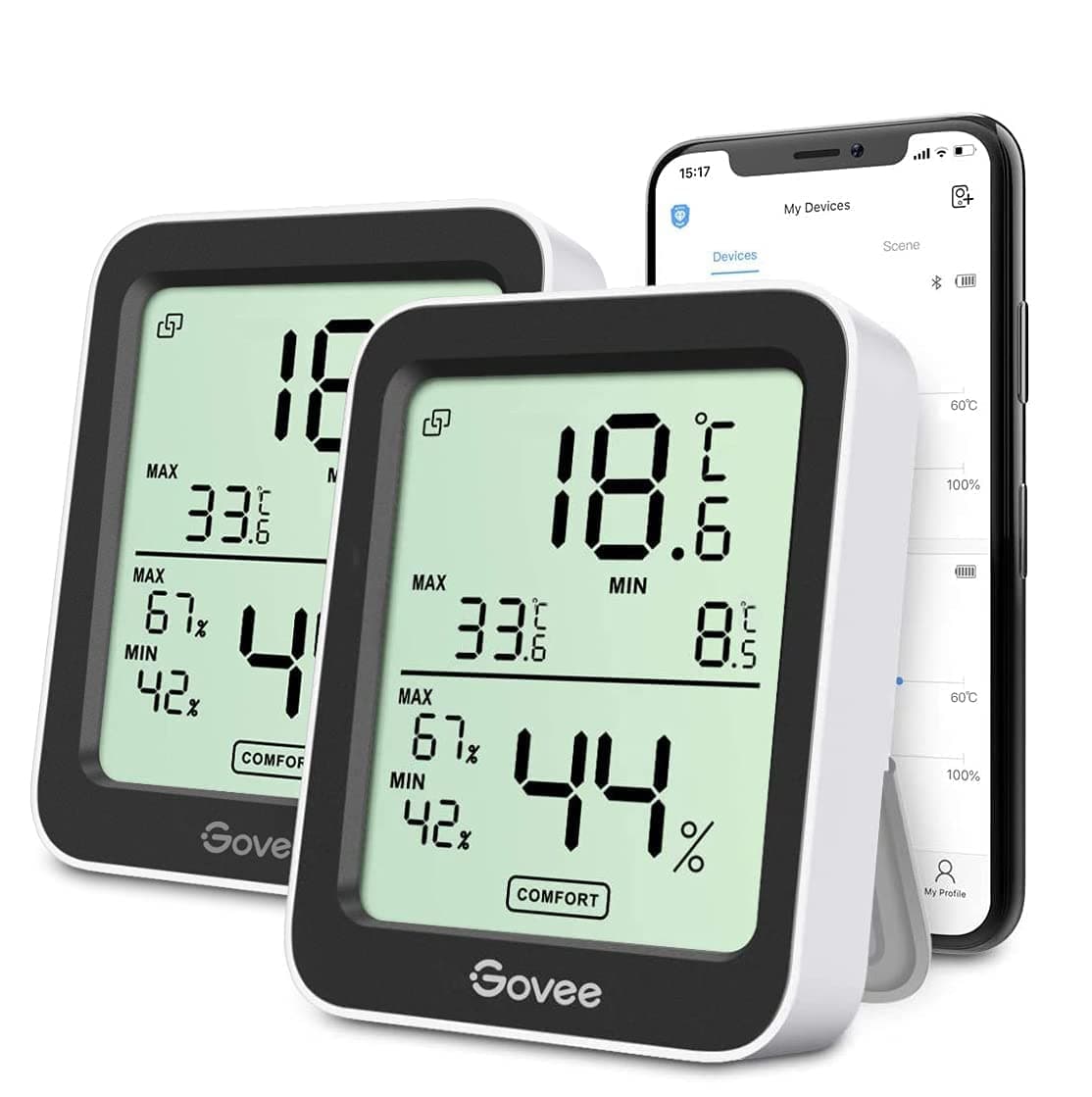 Govee Termometro Igrometro 2 Pezzi, Termoigrometro Interno Esterno Bluetooth entro 50M Digitale con App, Ambiente Misuratore di Umidità e Temperatura e Dati Conservazioni per Casa Camera Serra Garage