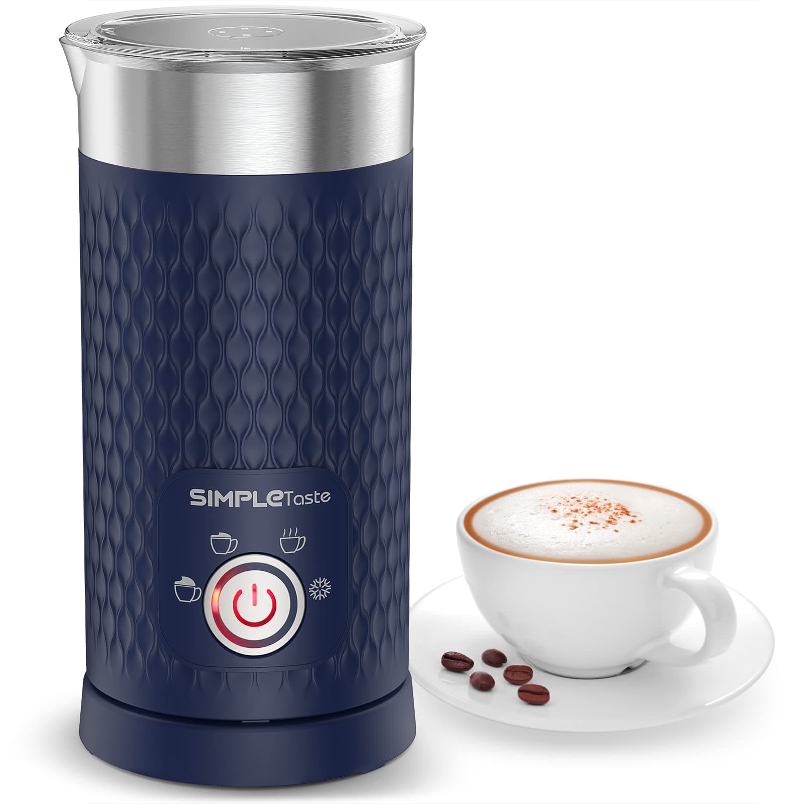 SIMPLETASTE Espumador de Leche Eléctrico 4 en 1, Azul | 4 Modos Multifuncionales, Fácil Limpieza, Apagado Automático, Espuma Fría/Caliente, Chocolate, Latte, Macchiato, Capuchino