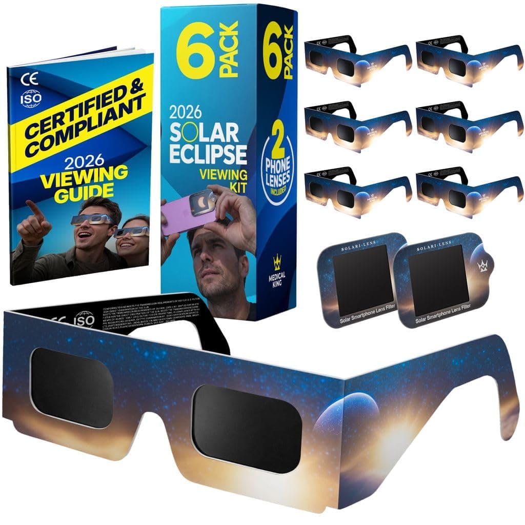 6 Gafas Eclipse Solar Homologadas ISO 12312-2 - Paquete de 6 Con 2 Lentes Fotográficos Para Smartphone Aprobados según la norma ISO, con certificación CE: Gafas para ver eclipses solar 2026