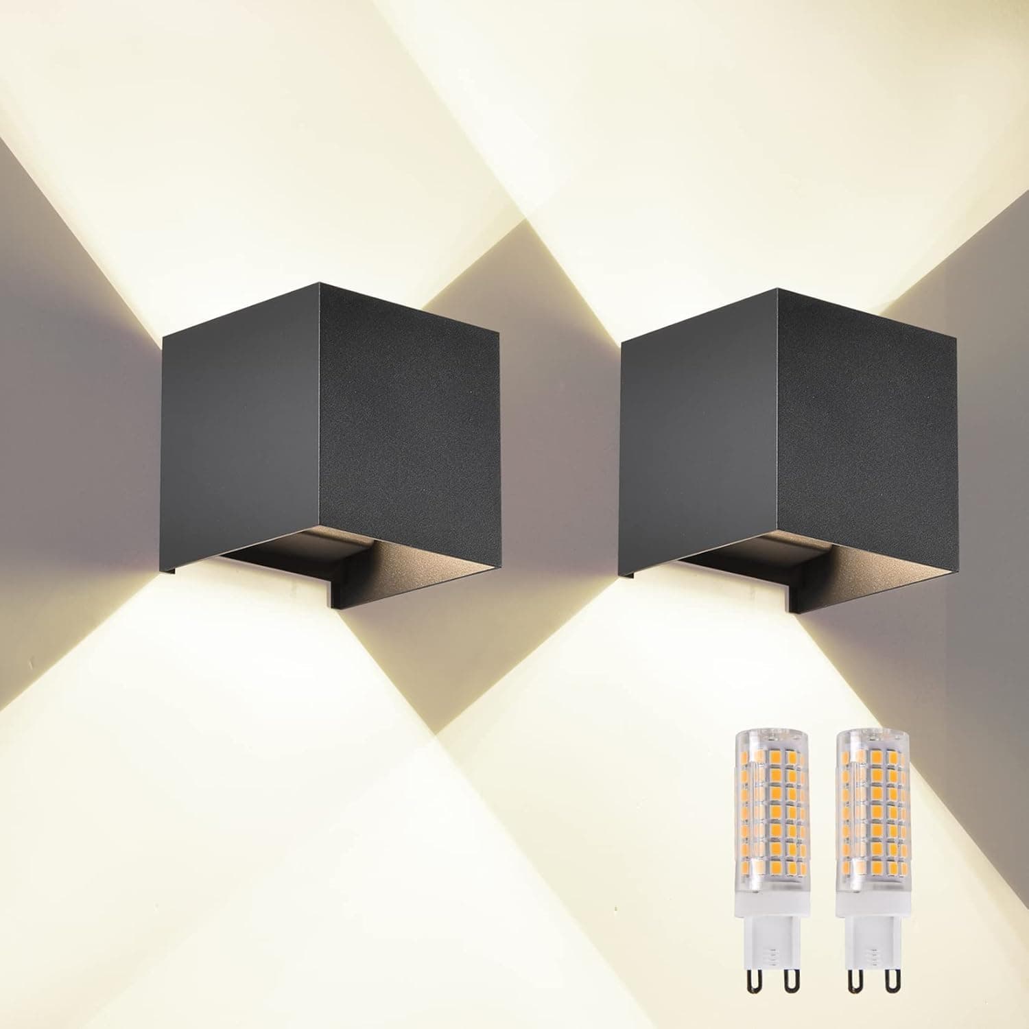 wisdom line Applique da Esterno/Interno 2 Pezzi, Lampada a Parete LED 9W 4000K Bianco Freddo, IP65, G9 Incluse, Colore Nero, per Giardino, Garage