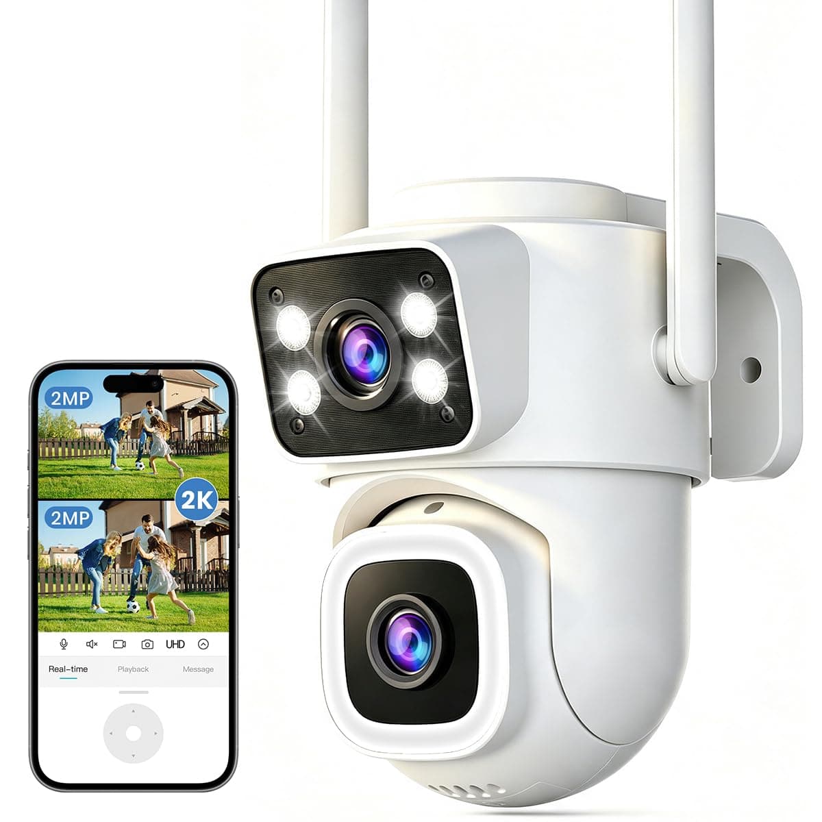 ANBIUX Caméra de Surveillance Extérieur Wi-FI 2K à Double Objectif,PTZ 355°/90°, Suivi Automatique,Détection Humaine IA,Vision Nocturne Couleur,Sirène, Audio Bidirectionnel,IP66, Alimentation Secteur