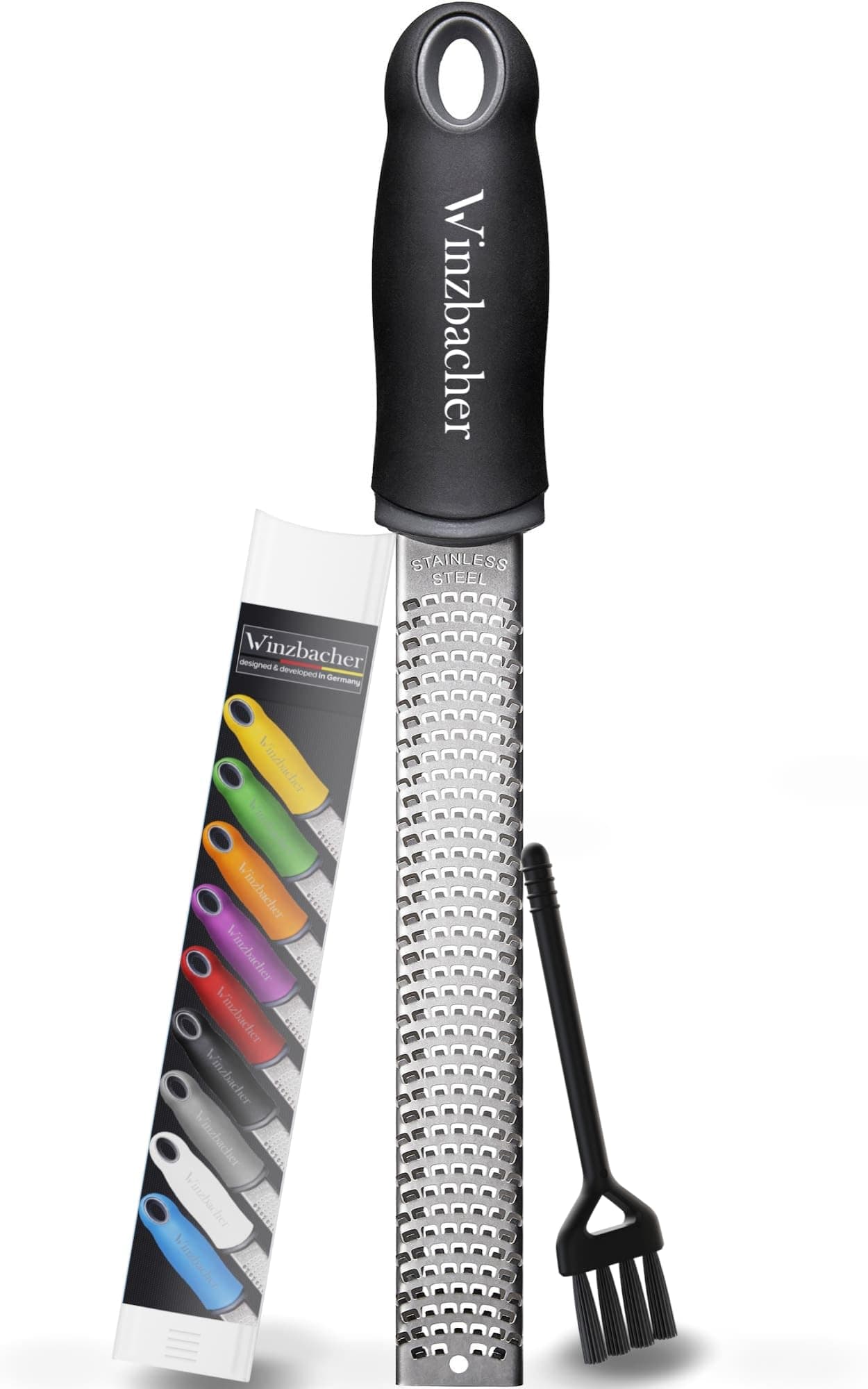 Winzbacher – Grattugia Zesteur Multifunzione | Per Parmigiano, Limone, Noce Moscata, Zenzero, Cioccolato, Aglio | Lama in Acciaio Inox Ultra Affilata | Lavabile in Lavastoviglie | Con Spazzola