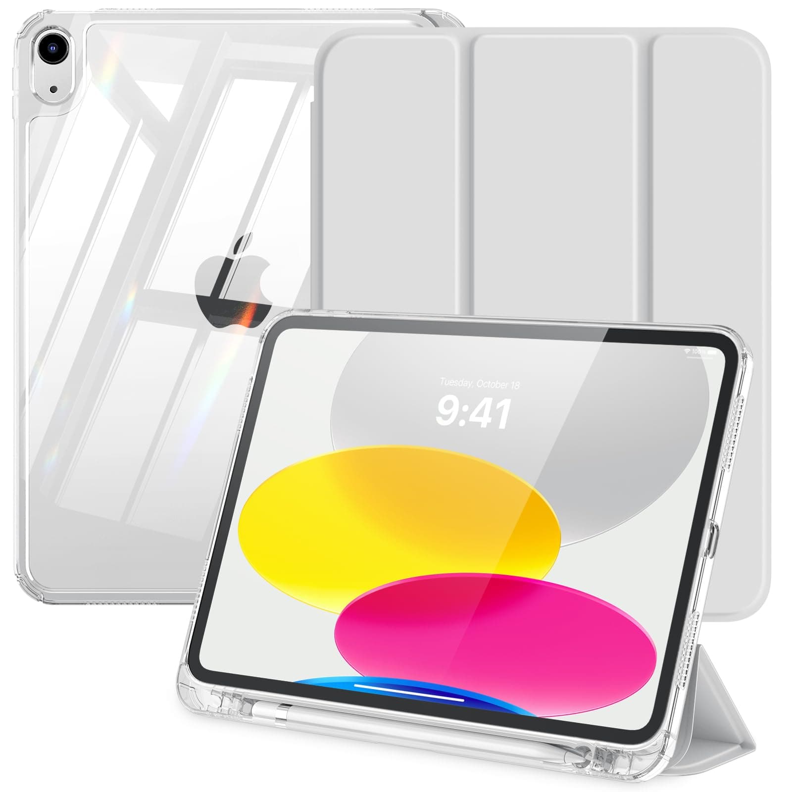 MoKo Cover Custodia per iPad A16, iPad 11/10 Gen 11/10.9 Pollici, Argento | Portapenna, Supporto Tri-Pieghevole, Retro in TPU Trasparente, Auto Svegliati/Sonno, Resistente All'ingiallimento