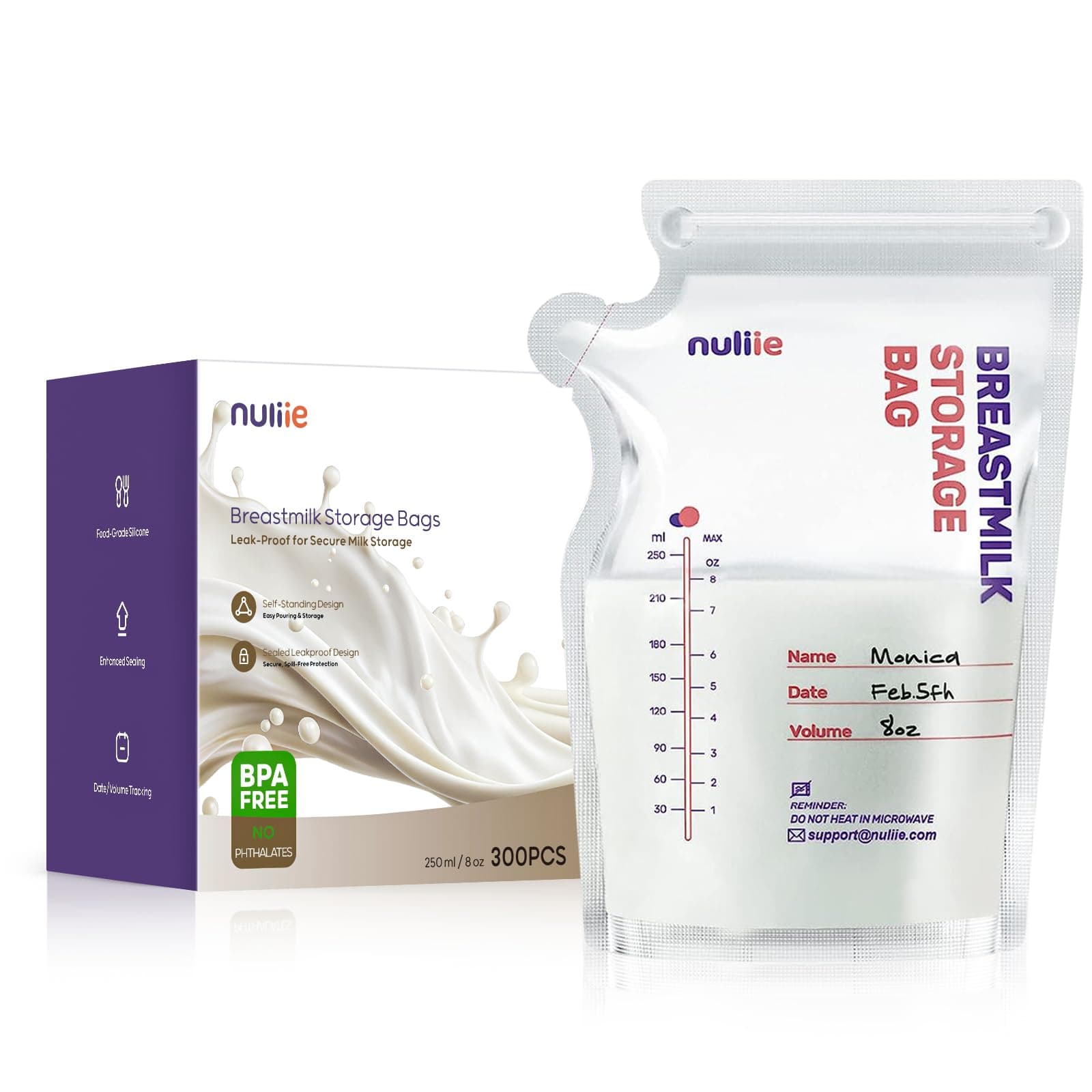 Nuliie Sachets de Conservation Lait Maternel Lot de 300, 250ml sachet conservation lait maternelle pré-stérilisés, sans BPA, double glissière de sécurité, sac congelation lait maternel