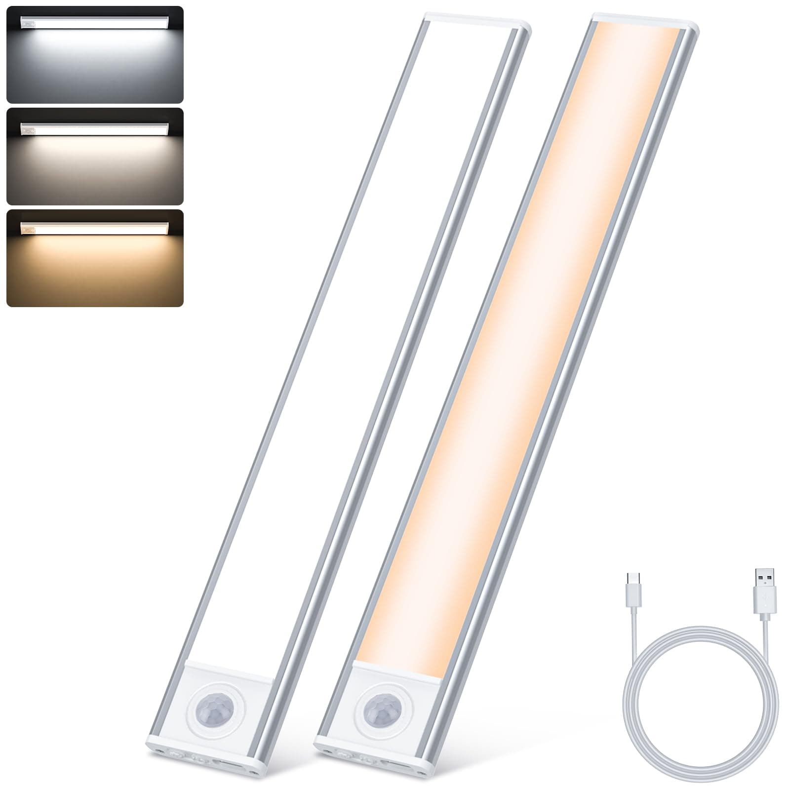 Luz LED Armario 30cm con Sensor de Movimiento 3000mAh USB-C Recargable,2 | 3 tonos de color, batería 3000mAh con carga USB-C, perfecta para cocina, pasillos, escaleras, garajes y sótanos