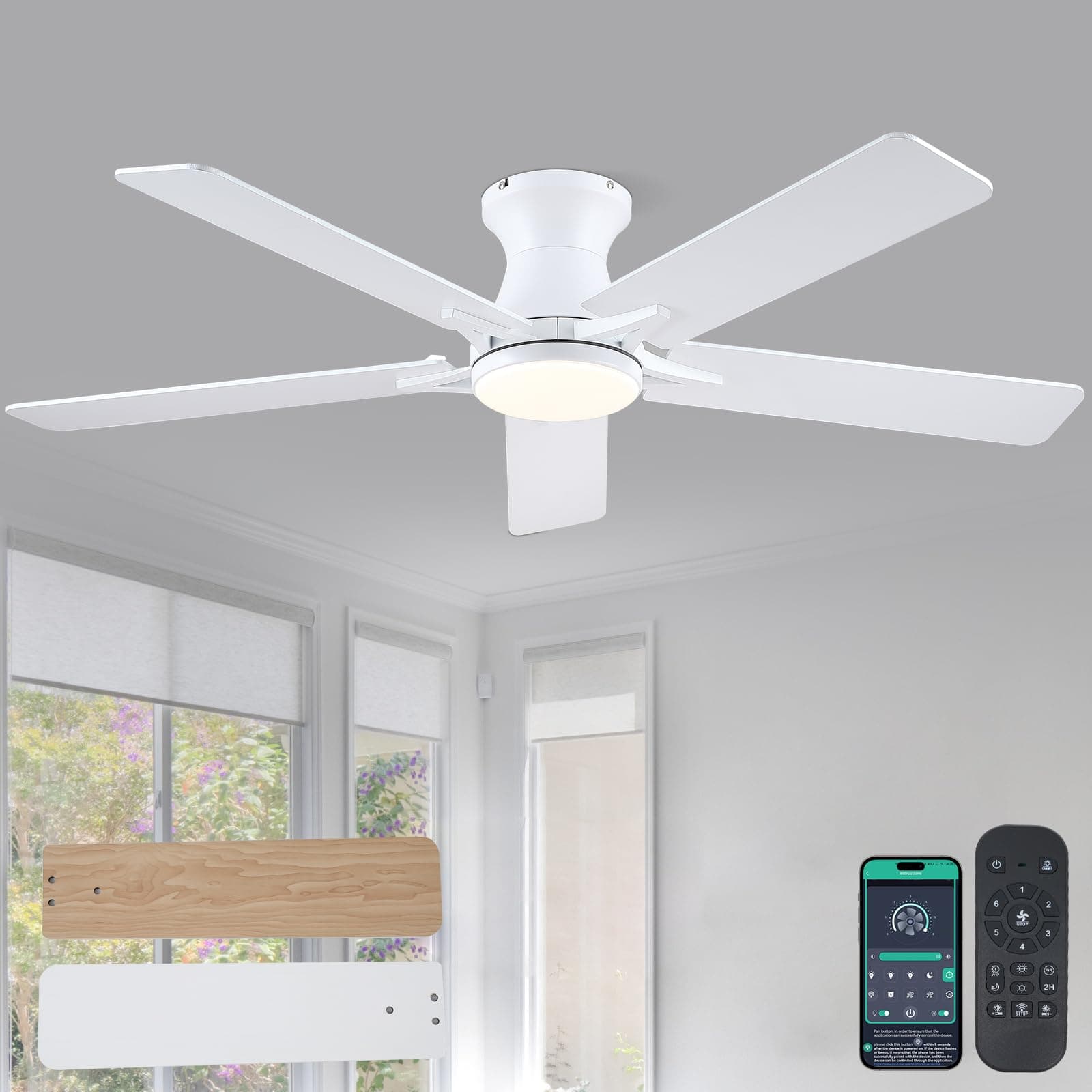 Kviflon Ventilateur de plafond plat de 132 cm avec éclairage LED et télécommande, blanc - Moteur réversible silencieux, ventilateur de plafond encastrable moderne pour chambre à coucher