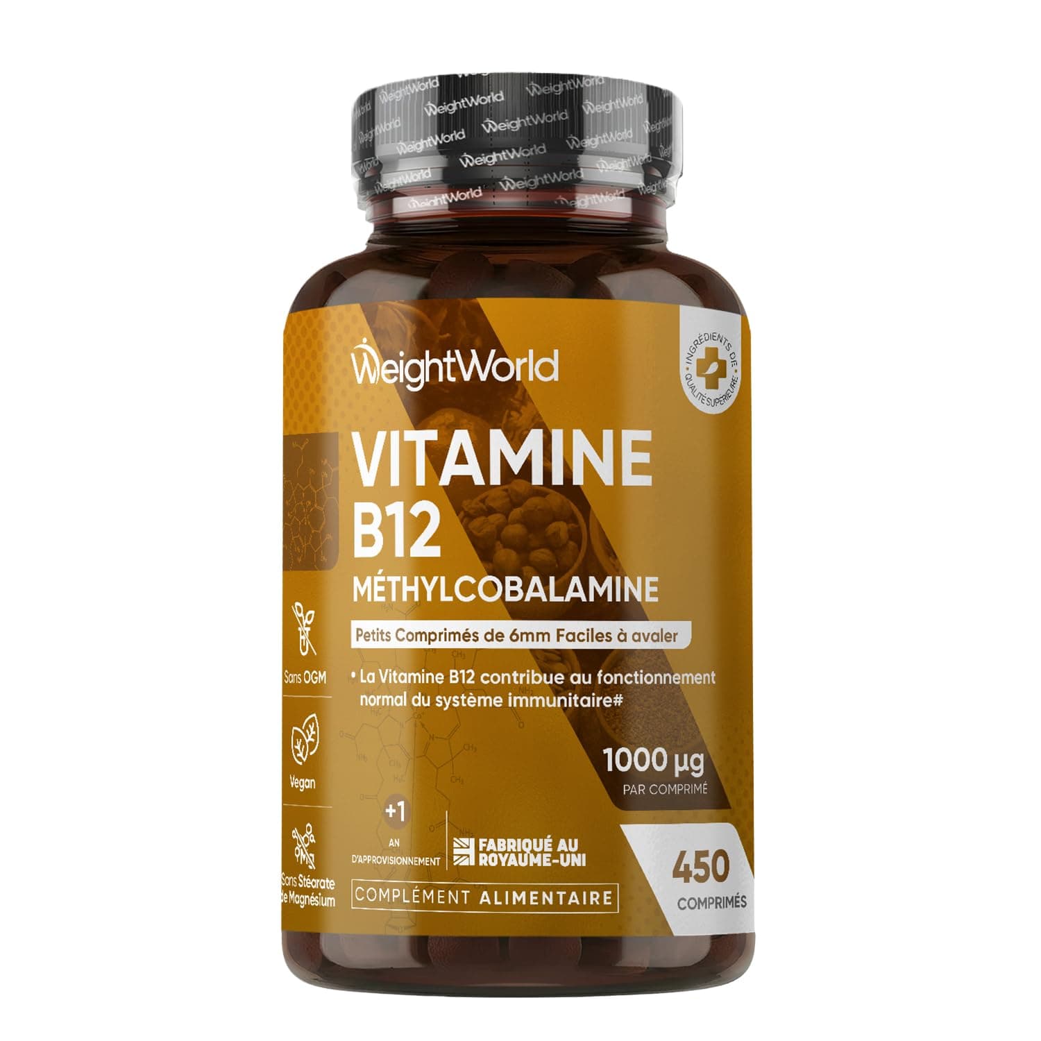 Vitamine B12 Méthylcobalamine 1000mcg 450 Micro Comprimés, Vitamine B12 Vegan, +12 Mois d'Approvisionnement, sans OGM, ni Gluten, sans Lactose ni Stéarate de Magnésium, Fabriqué par WeightWorld