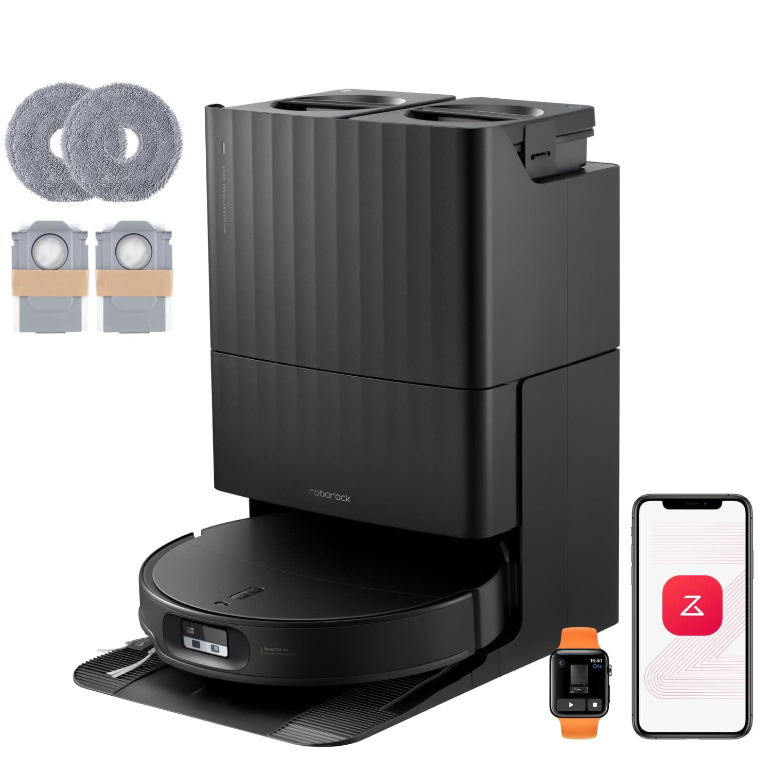 roborock Qrevo Edge 2 Set Robot Aspirateur Laveur, 25 000 Pa, Lavage des Serpillières à l'eau Chaude à 80°C, Évite 280+ Obstacles, Système Anti-enchevêtrement, 7,98cm Mince,Technologie FlexiArm, Noir