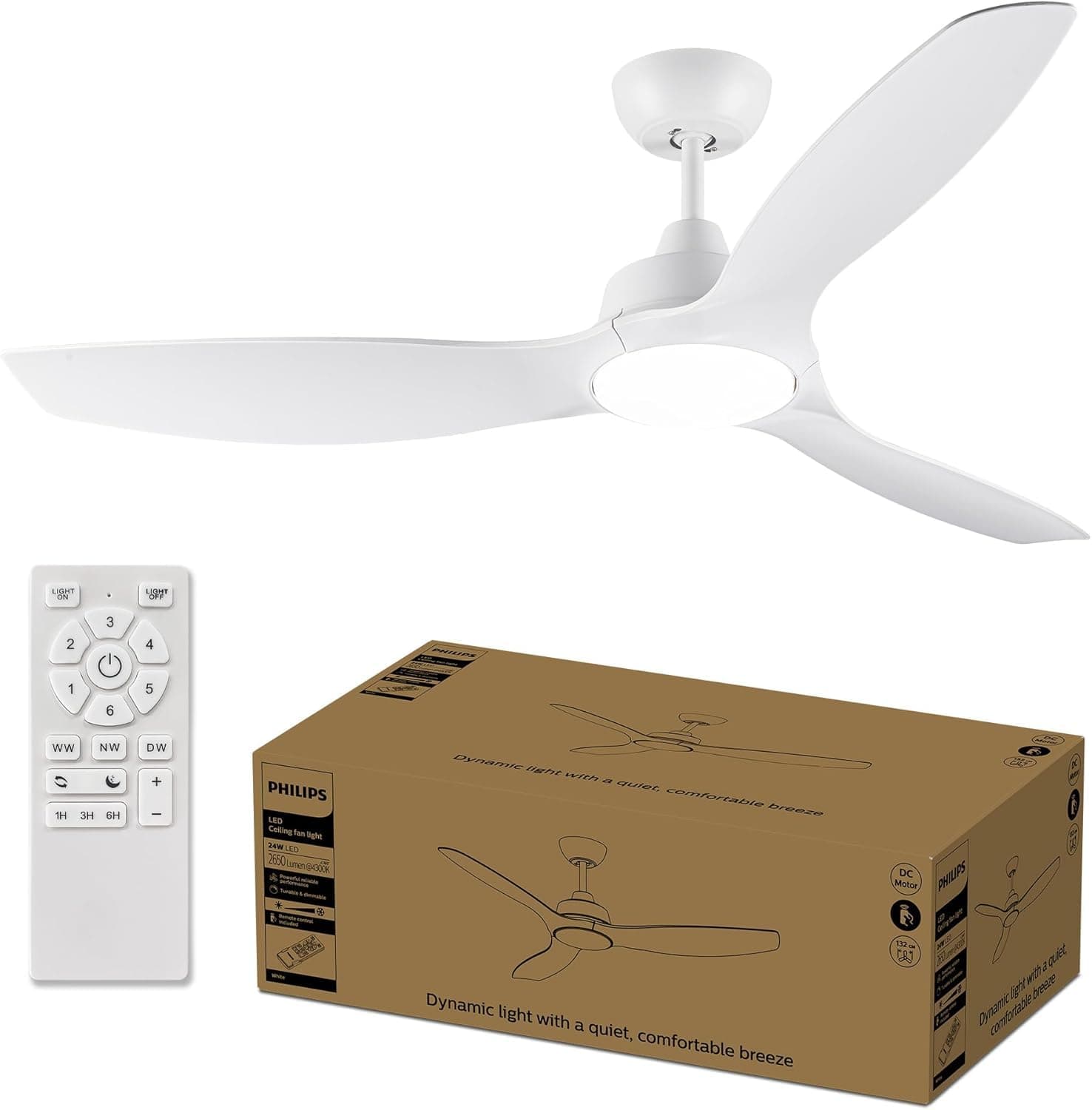 Ventilateur à pales fixes Philips, 3 pales, grand (52"), éclairage LED 28W, moteur DC, plage de température de couleur (3000 K, 4300 K, 6500 K) avec fonction de gradation, télécommande incluse