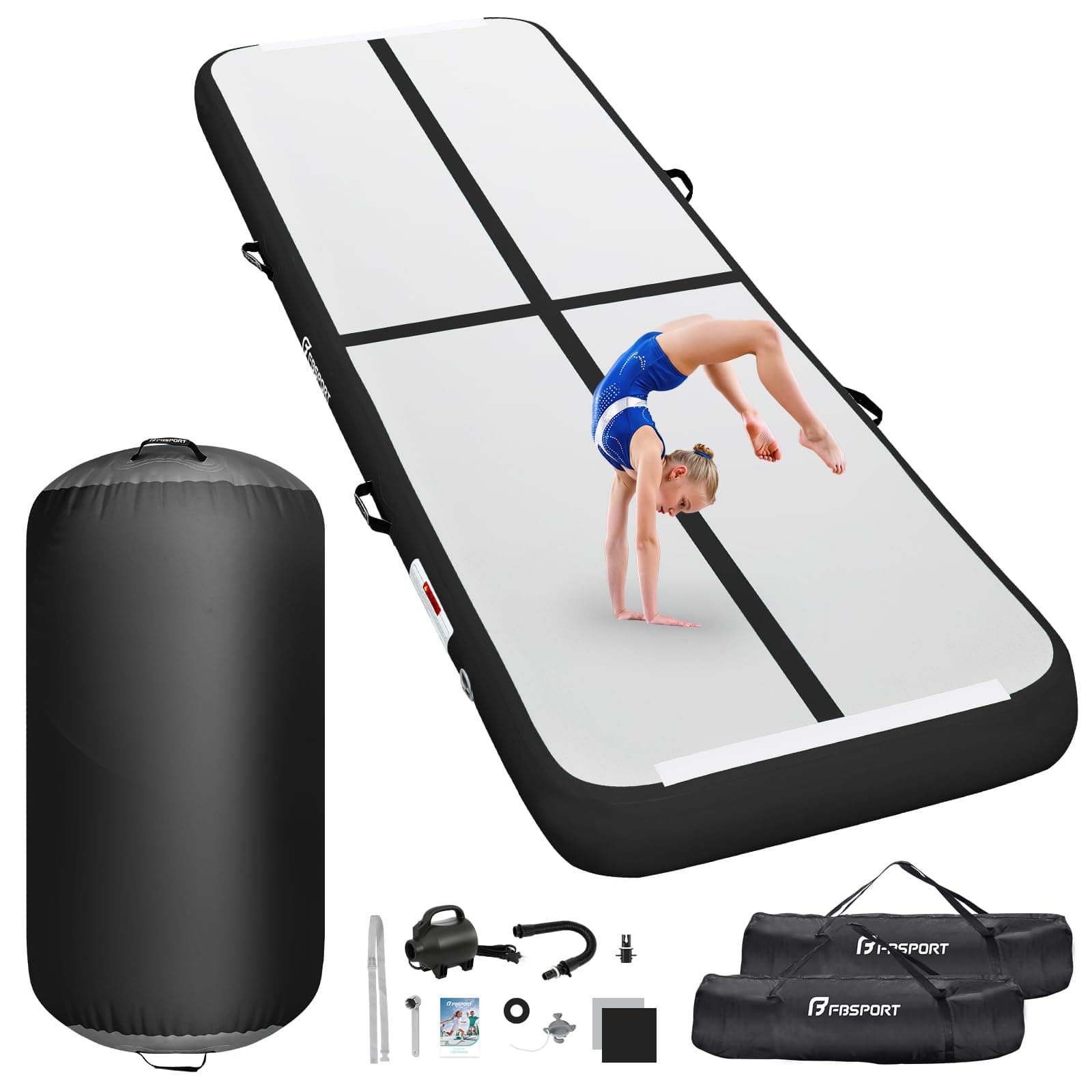 FBSPORT Airtrack Matte Aufblasbar Gymnastikmatte mit Air Roll, 10cm Hoch Verdicken 3/4M Tumbling Matte mit 100x60cm Air Rolle,Gymnastikmatte mit Luftpumpe, Fitnessrolle für Gymnastik Yoga und Training