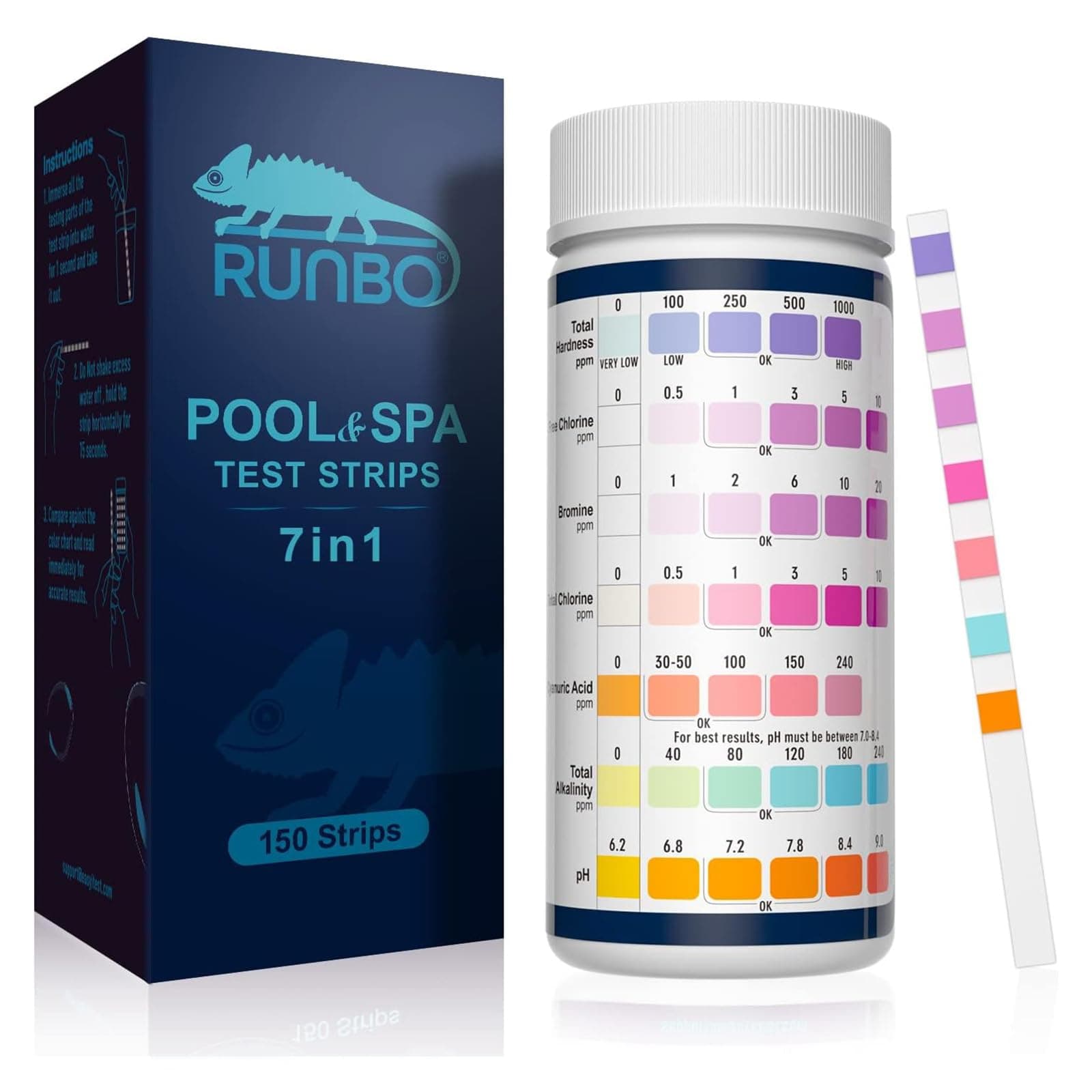 RUNBO 7 en 1 Testeur pour Eau de Piscine et Spa, 150 test pour tester chlore libre, le chlore total, le brome, la dureté totale, l’alcalinité totale, l’acide cyanurique et le pH