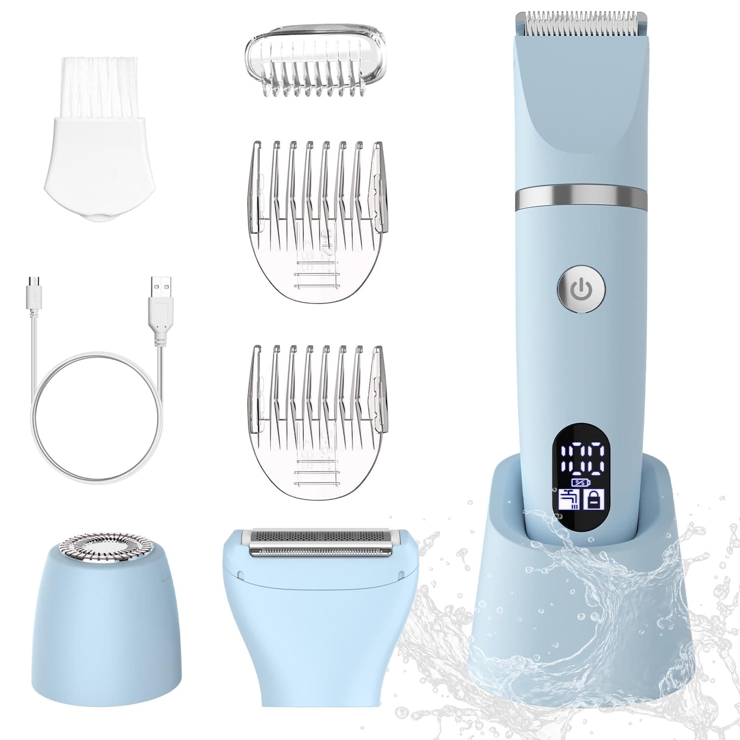 Scttomon Rasoio elettrico per donna Viso Bikini Corpo Tagliapeli corporeo per donna Epilatore per zona bikini Bikini-Trimmer Impermeabile IPX7 Display LCD Uso a secco/bagnato,blu