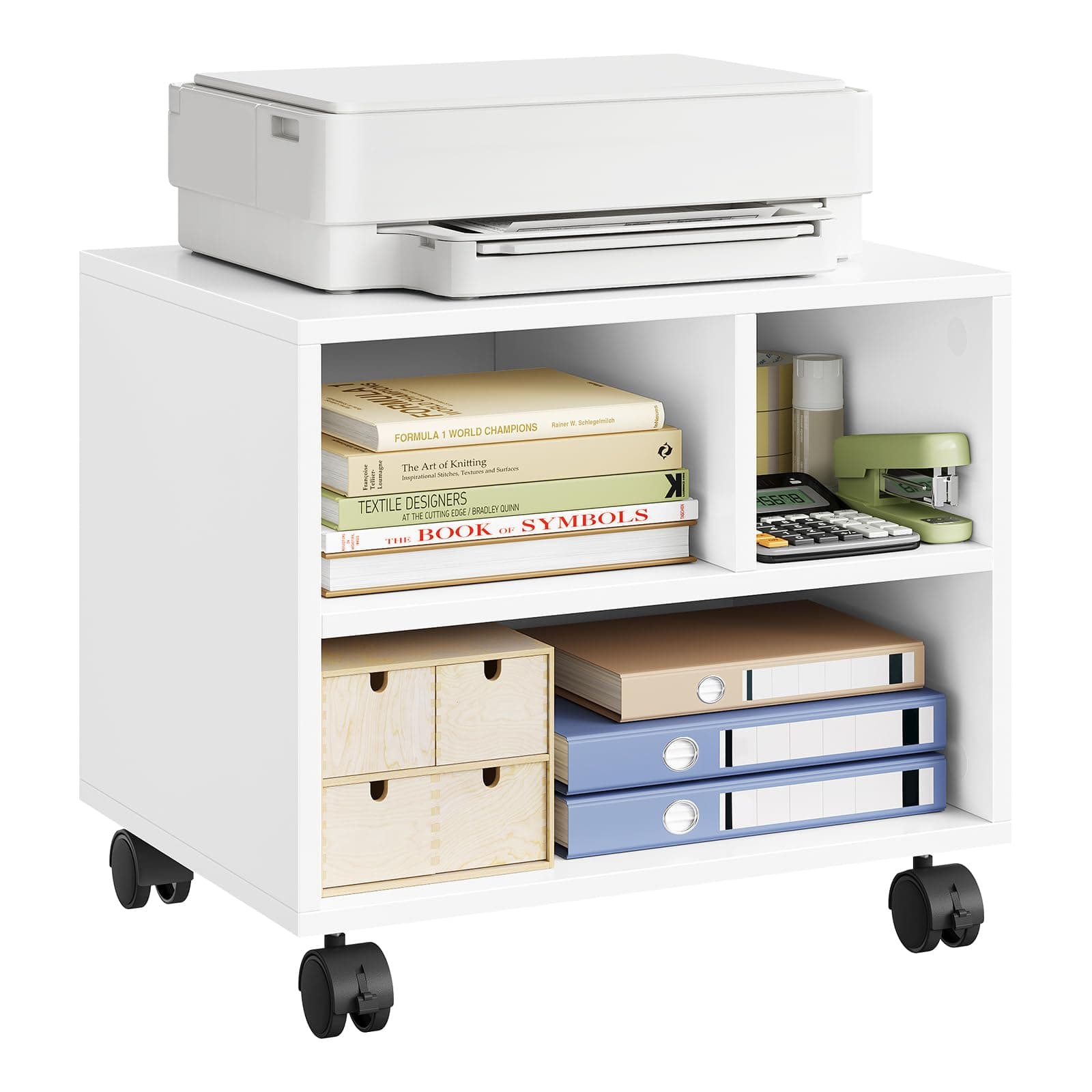 WOLTU Druckertisch mit Rädern, mobiler Druckerständer, Druckerhalter, Druckerwagen auf Rollen, Bürocontainer rollbar, Aktenwagen, mit 3 Fächern, für Büro Arbeitszimmer, 40x35x30 cm, weiß, ASK06ws