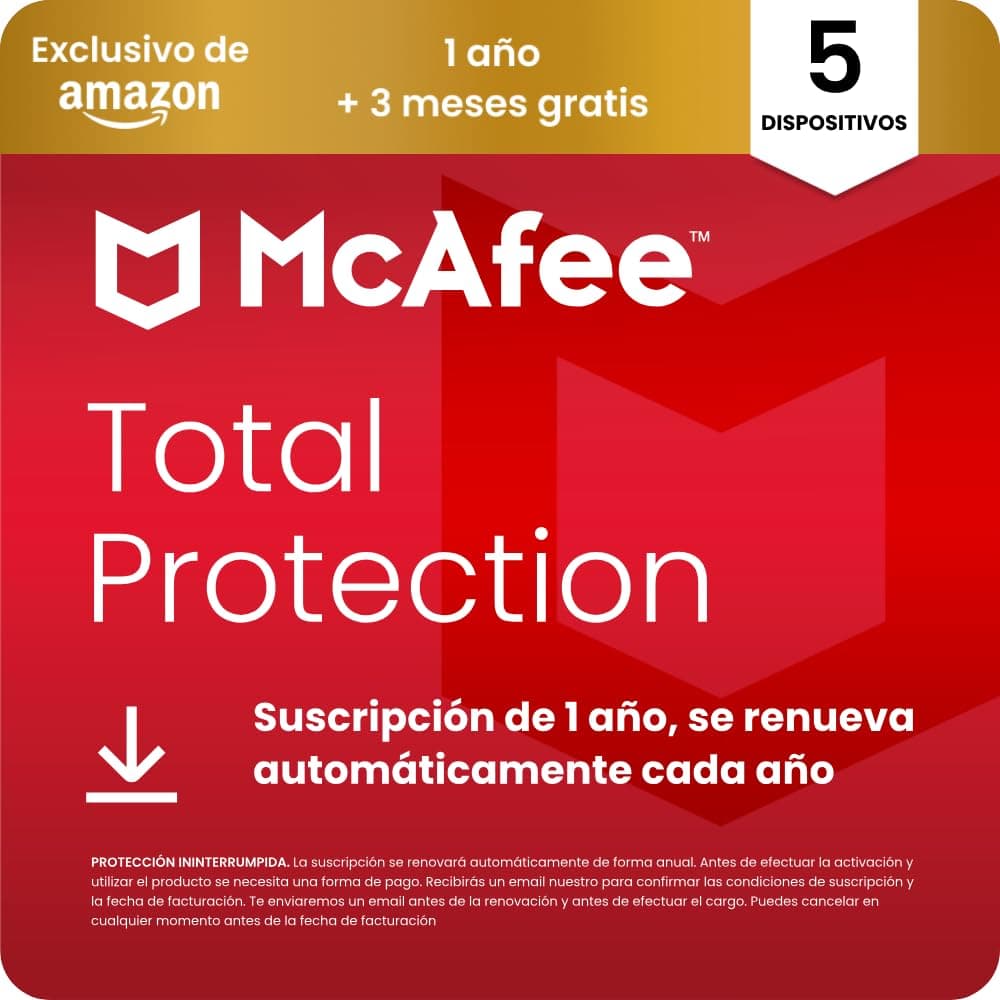 McAfee Total Protection para 5 Dispositivos 2026, 15 meses, Exclusivos de Amazon | Antivirus, VPN, software de seguridad | Suscripción con renovación automática | Descargar
