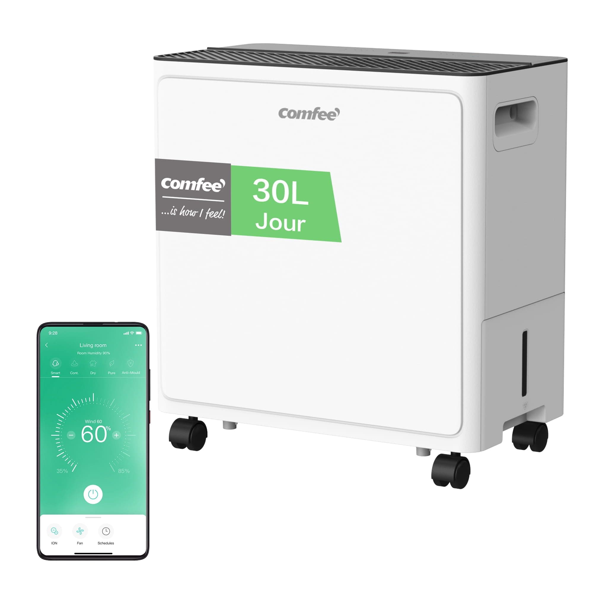 COMFEE' Déshumidificateur Puissant, Absorbe jusqu'à 30L/Jour, Sèche-linge, Mode confort, Réservoir 3L, Minuterie 24H, Idéal pour grandes pièces de 58-73㎡, Garage, Sous-sol