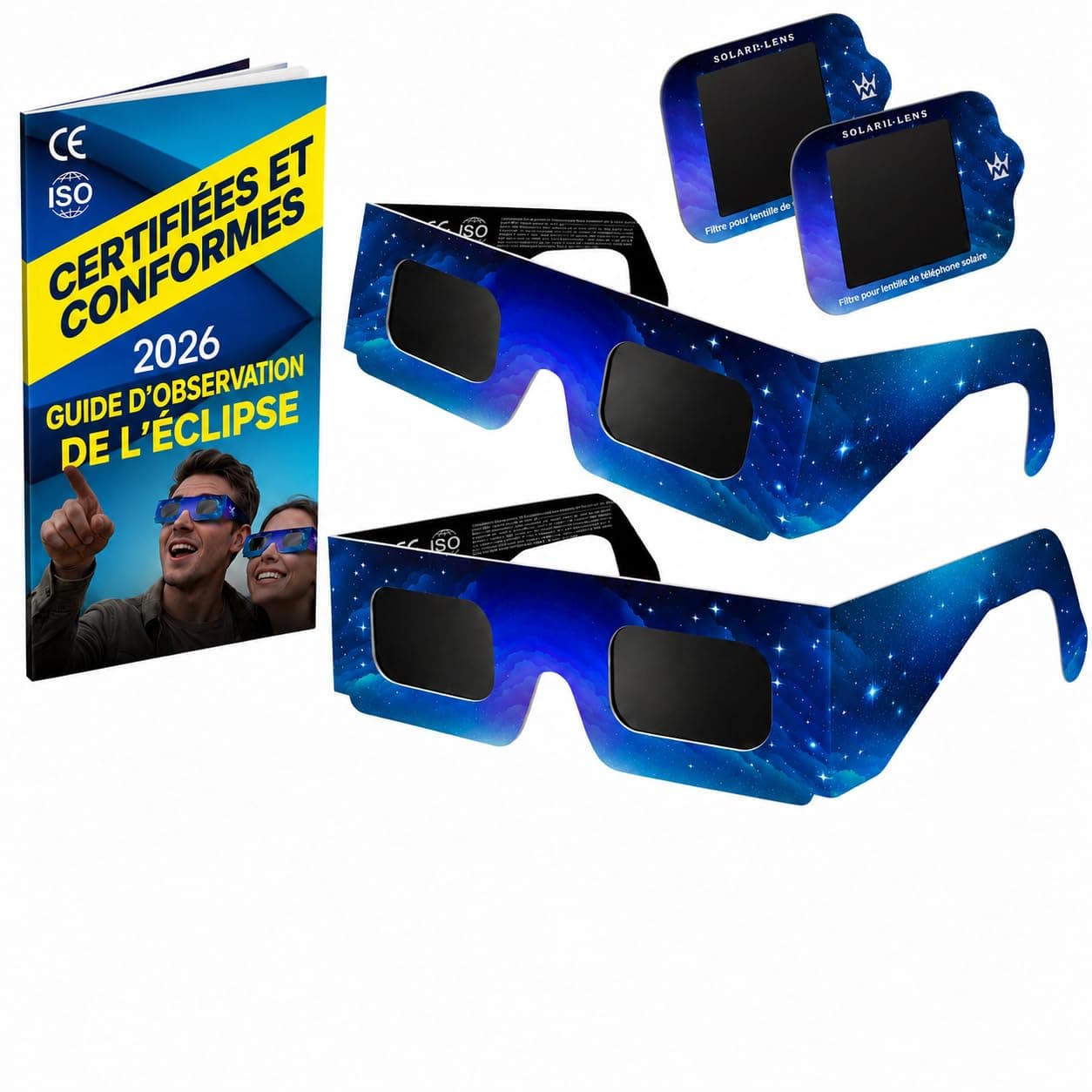 Lunettes Eclipse Solaire 2026 – Lot de 2/12/20 Paires Premium avec 2 Filtres Solaires pour Smartphone, Lunettes Eclipse Solaire ISO 12312-2,CE, Protection des Yeux pour l'Observation du Soleil