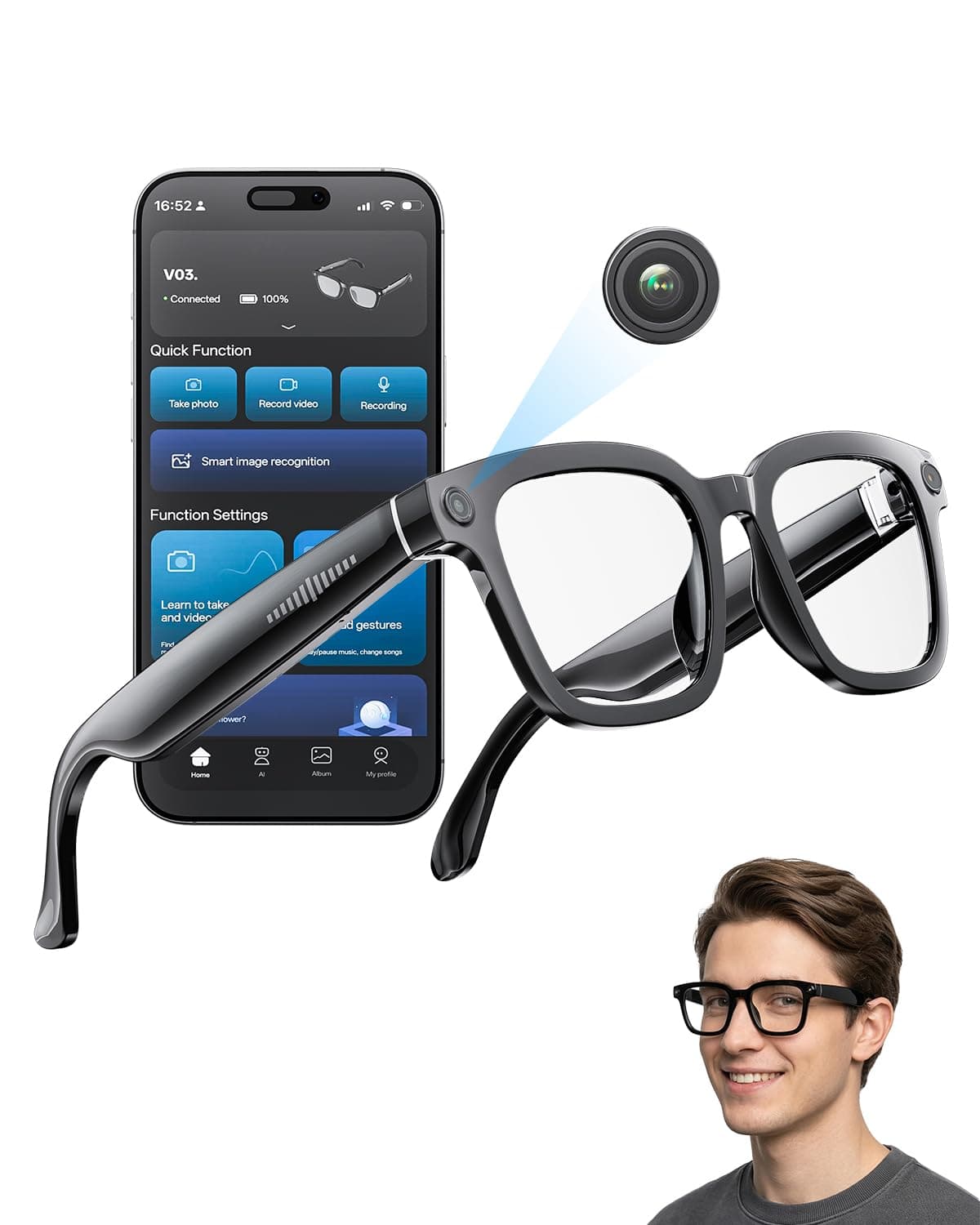 Lunettes Intelligentes 2026 Avec Caméra et Bluetooth, 8 Mpx, 32 Go, HD 1200P, en Charge L'enregistrement Photo/Vidéo/Audio, La Traduction en Temps Réel, L'assistant Vocal et La Reconnaissance D'objets