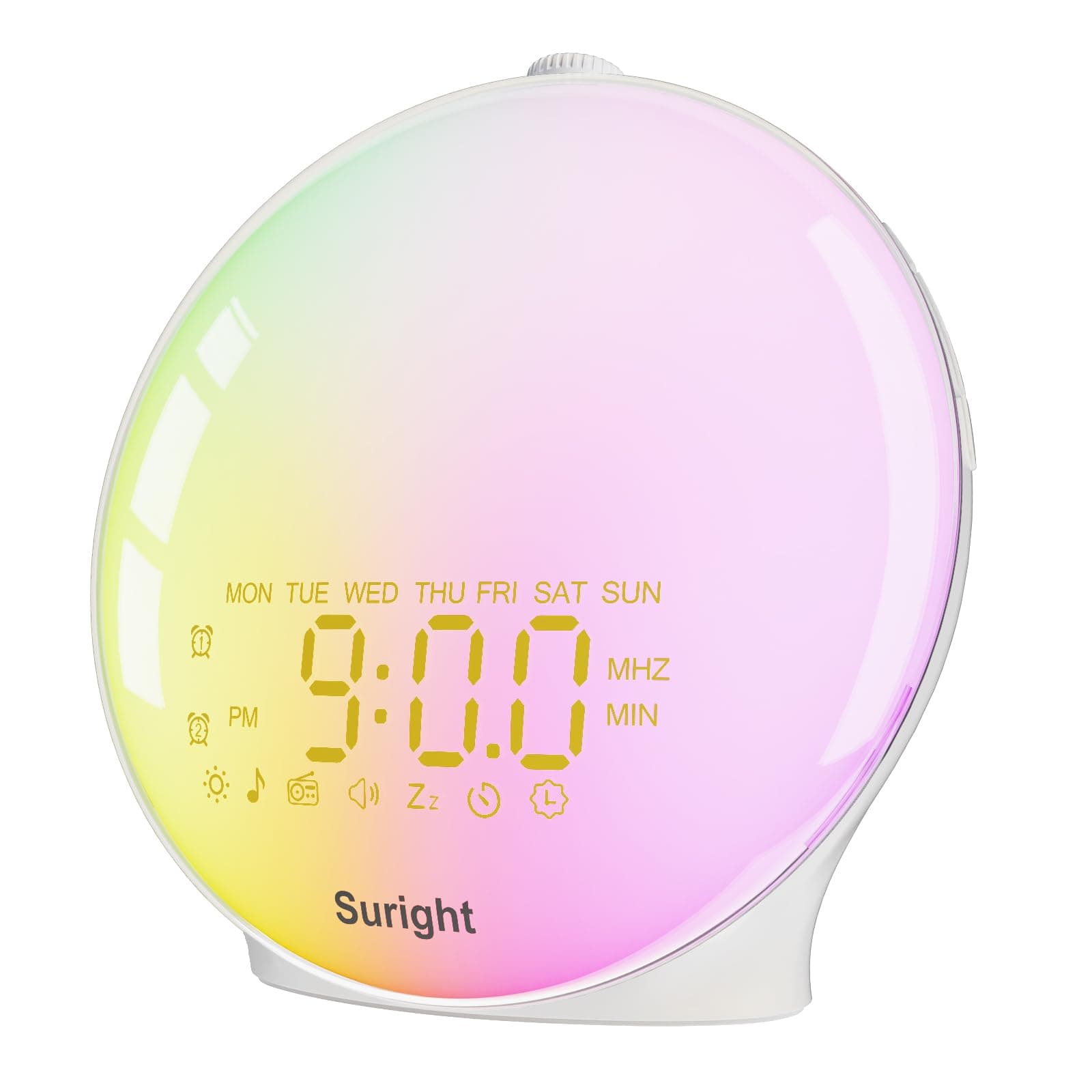 Suright Despertador de Luz,Despertador de Amanecer, Wake Up Light Simulación de Atardecer y Amanecer con Radio, 15 Sonidos Naturaleza, 2 Alarmas, Función Snooze, 18 Luces Colores, 20 Brillo