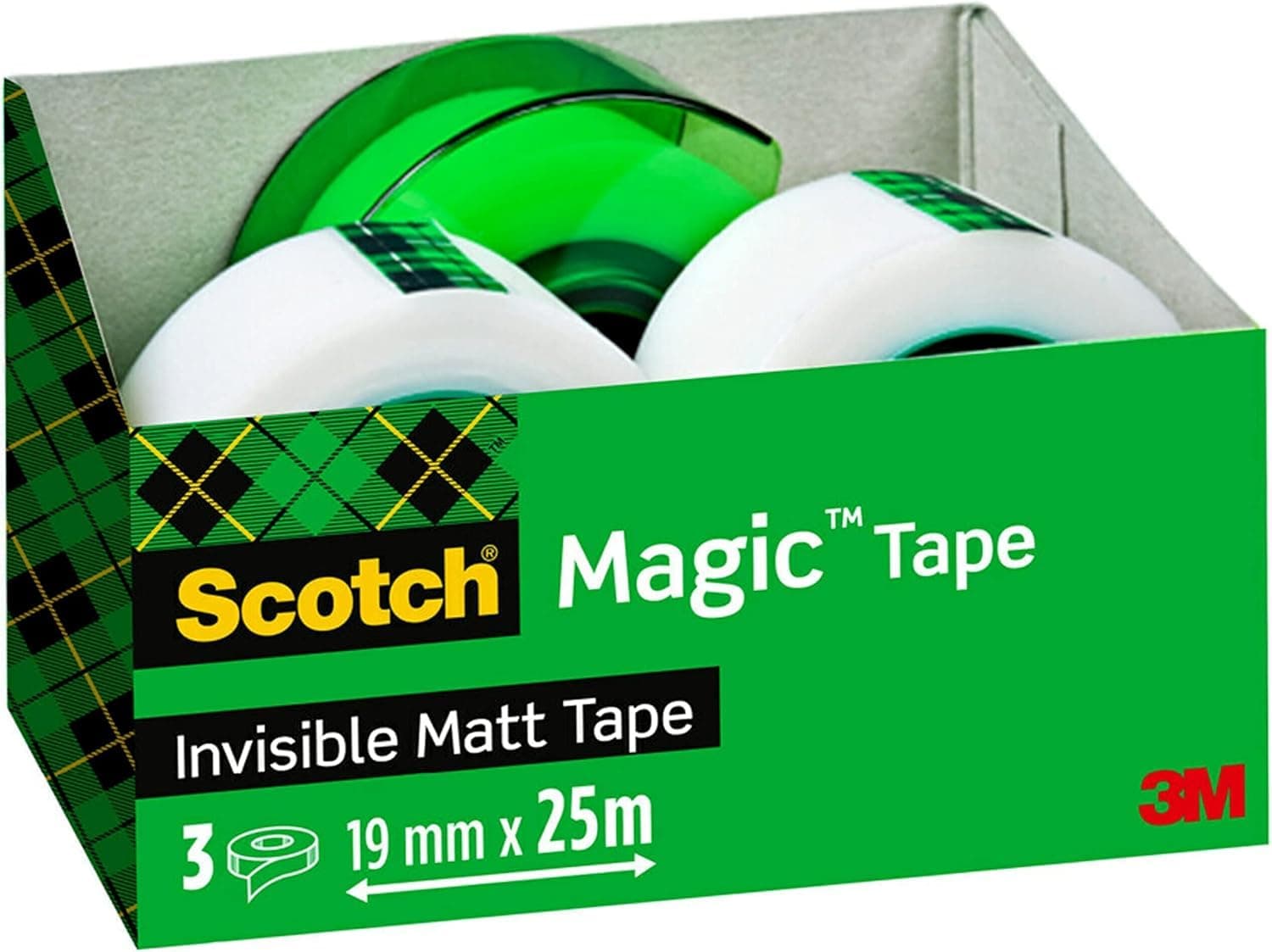 Scotch Magic Unsichtbares Klebeband, 3 Rollen, 19 mm x 25 m + 1 Handabroller GRATIS Grün - Unsichtbares Klebeband für allgemeine Zwecke zur Reparatur, Etikettierung und Versiegelung von Dokumenten