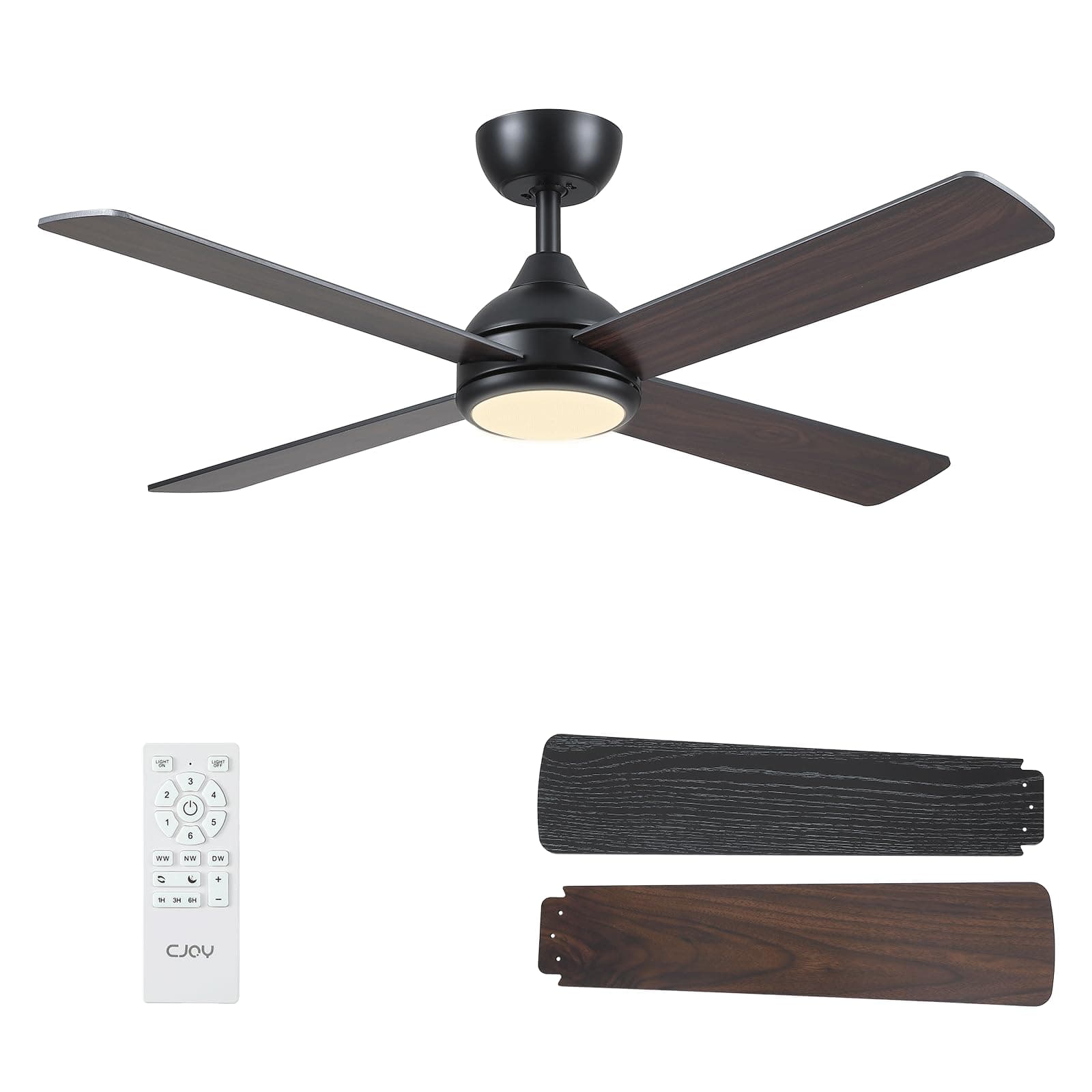 CJOY Ventilador de Techo con Luz 122 cm, Ventilador de Techo con Luz Silencioso y Mando Madera 4 Aspas, Reversible CC, 6 Velocidades, 3 CCT Regulable, Temporizador, Para Dormitorio/Casa