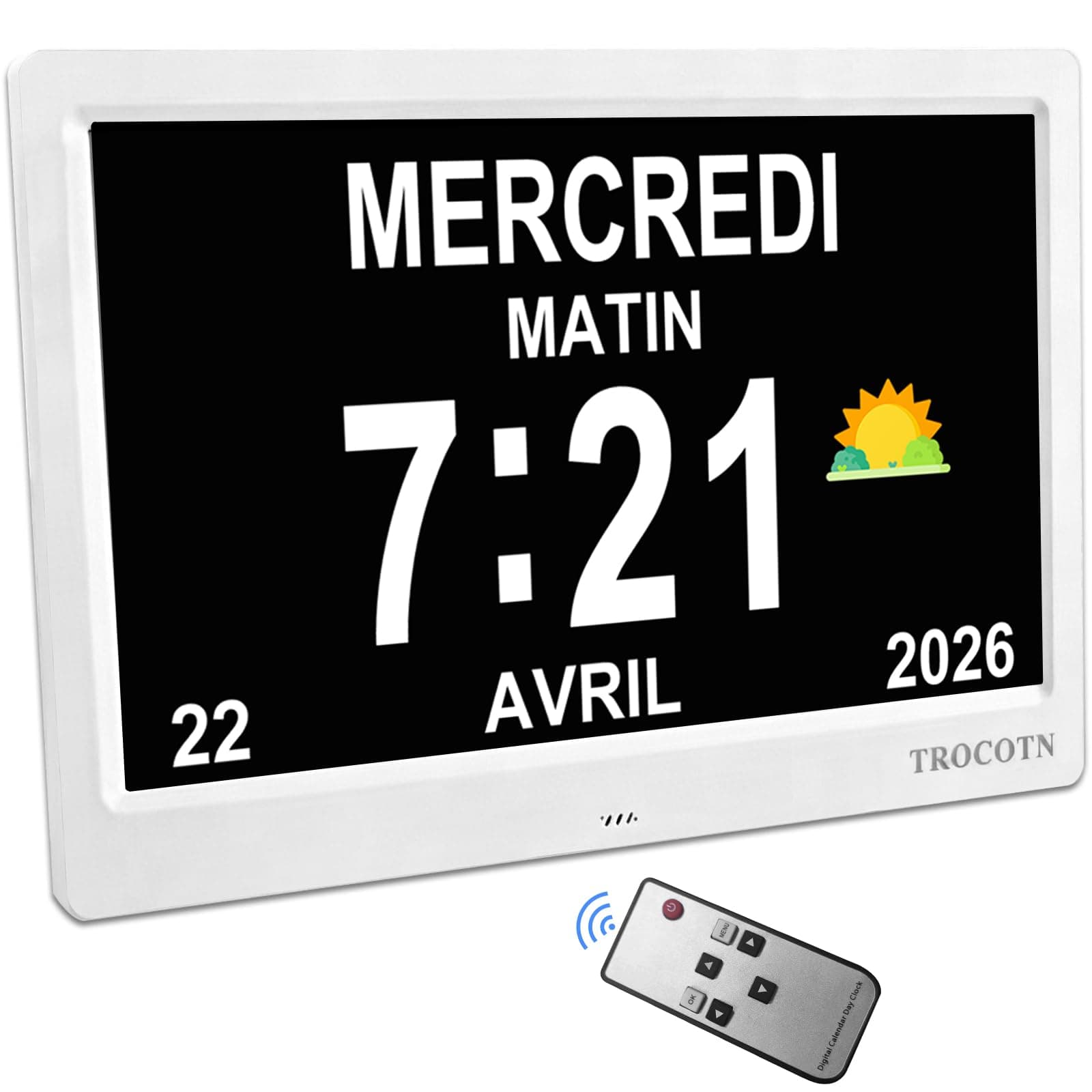 TROCOTN Horloge numérique Grand écran avec Calendrier pour Seniors, icônes Soleil et Lune, Heure d'été Automatique, Mode Nuit avec Gradation, Affichage Multicolore, Facile à Lire (10 Pouces, Blanc, 1)