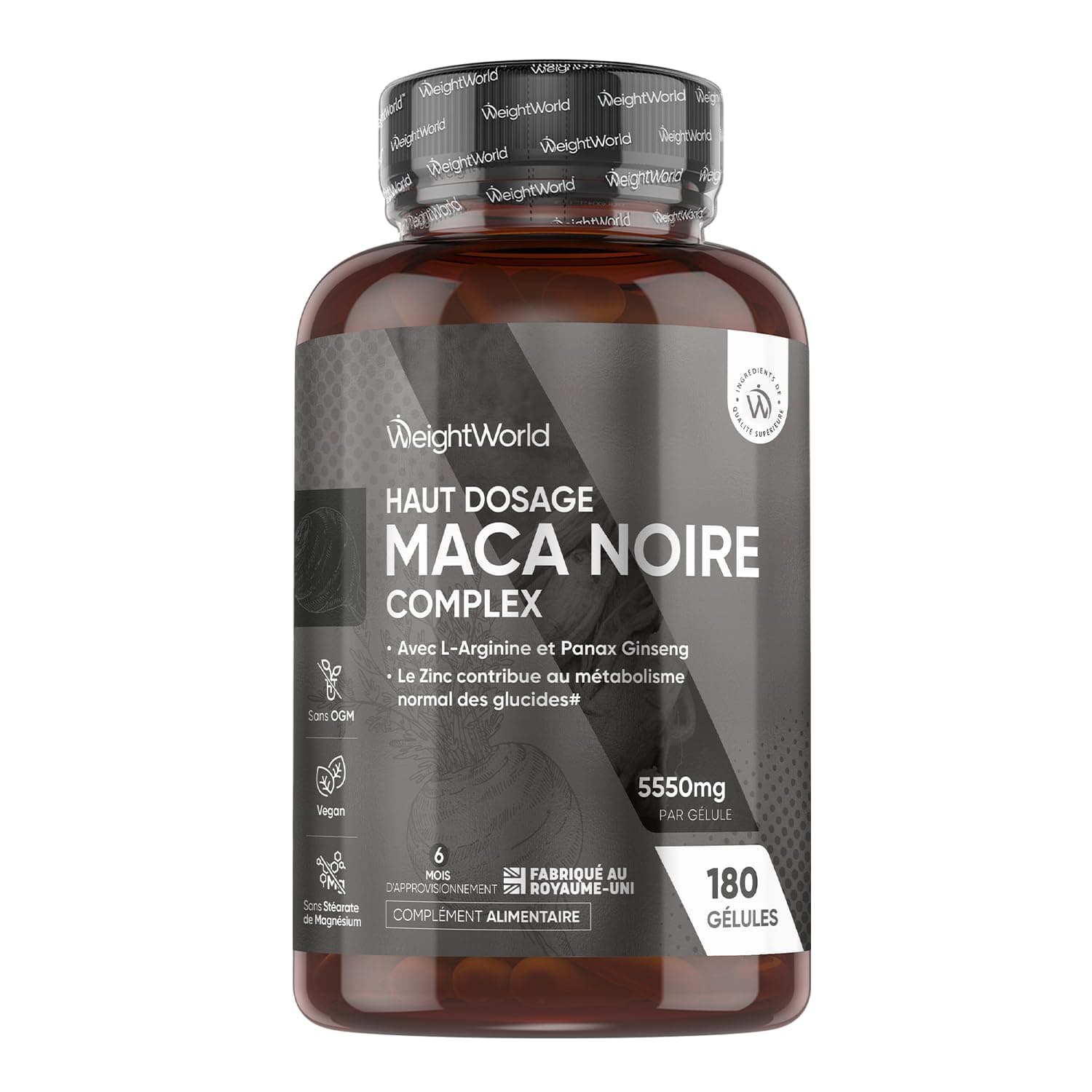 Maca Noire avec Ginseng - 180 Gélules Vegan Multi-Usages (6 mois) - avec Zinc, L Arginine, Panax Ginseng, Poivre Noir, Racine de Maca Noire, Jaune, 5550mg par Jour - sans OGM ni Stéarate de Magnésium