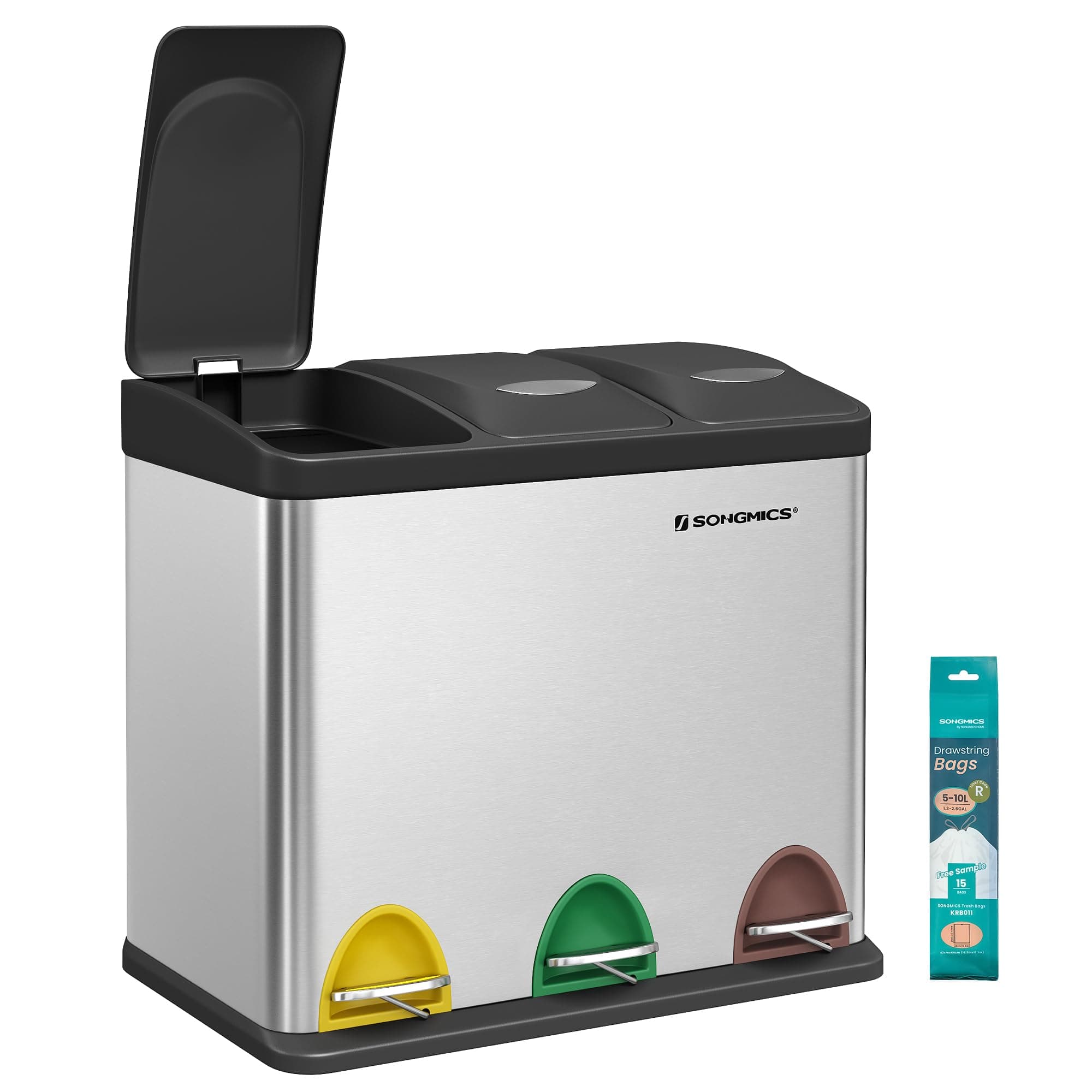 SONGMICS Cestino per Rifiuti da Cucina, Triplo in Acciaio, 3 x 8 L | Pattumiera Differenziata Piccolo Volume, Pedali e Secchi Interni, Argento e Nero Inchiostro, Collezione ISLAND LTB24L