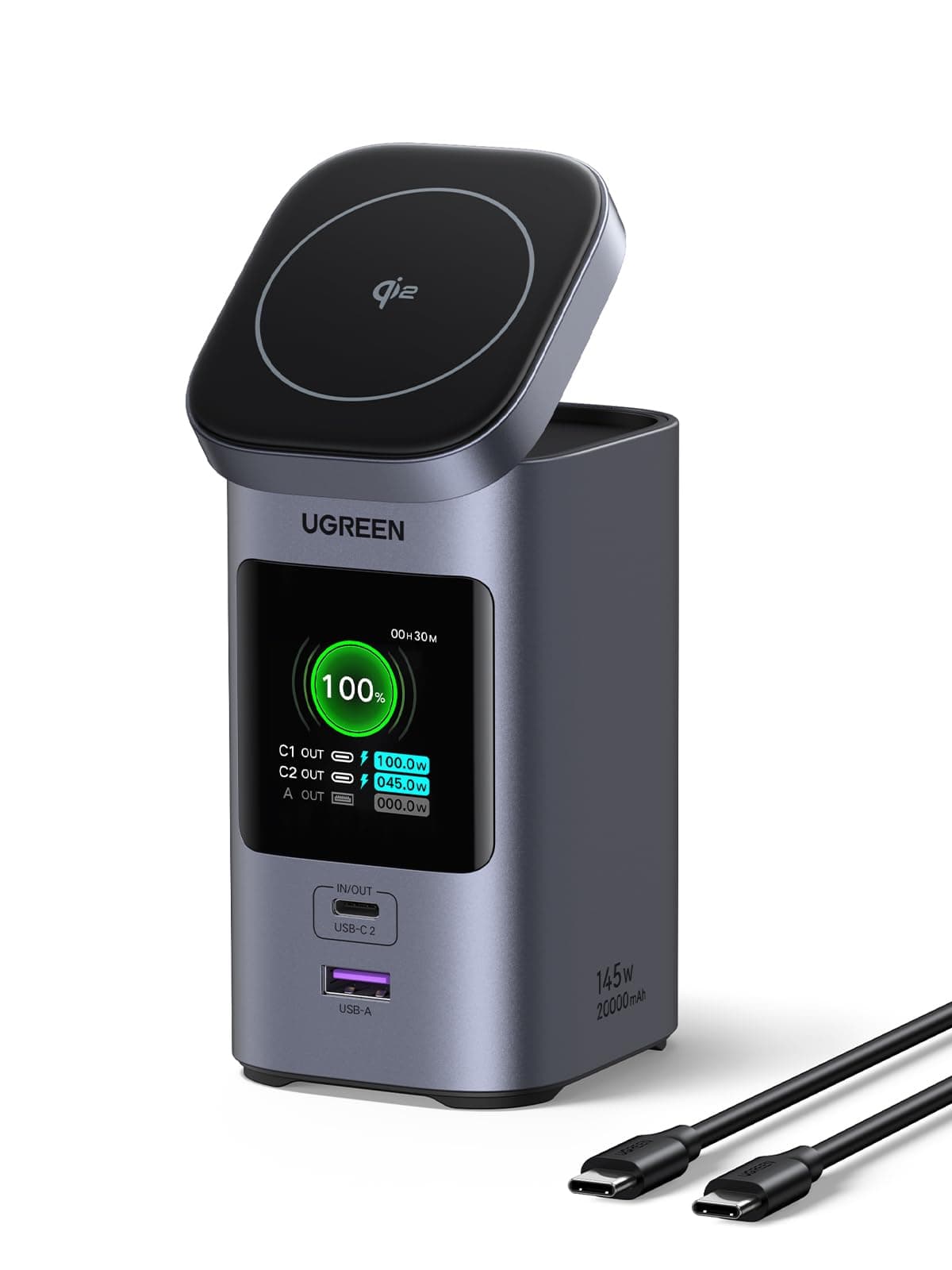 UGREEN Nexode Power Bank 20000mAh 145W, Batteria Portatile Ricarica Wireless Qi2 15W con 2 USB C 1 Type A, Compatibile con iPhone 17 Pro Max Air/16/15/14/13/12, Macbook, Galaxy S24, ecc