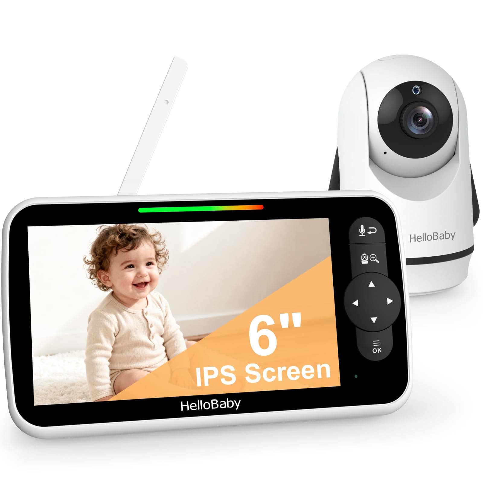 HelloBaby Monitor de Video para Bebés de 6", Pantalla Grande con Cámara y Audio, Batería de 4000mAh y Modo Eco, Visión Nocturna, Sin WiFi, Conversación Bidireccional y 8 Canciones de Cuna, Cámara PTZ