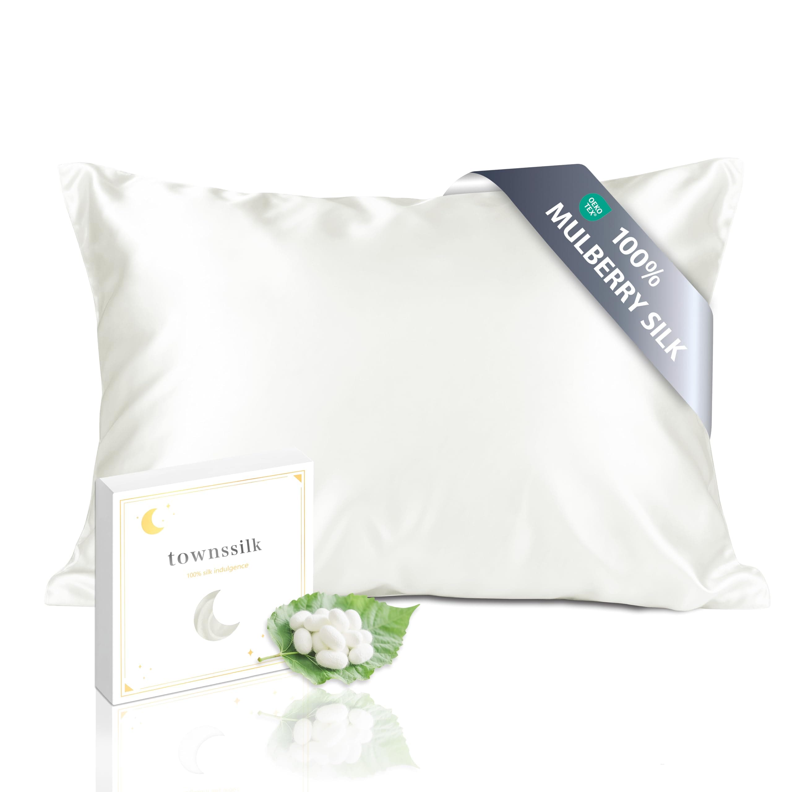 townssilk Taie d'oreiller en Soie, 50x70cm,100% Soie de mûrier Naturelle 19 Momme, Deux Faces en Soie, certifiée Oeko-Tex, Douce pour la Peau et Les Cheveux, 1 unité,Naturalwhite